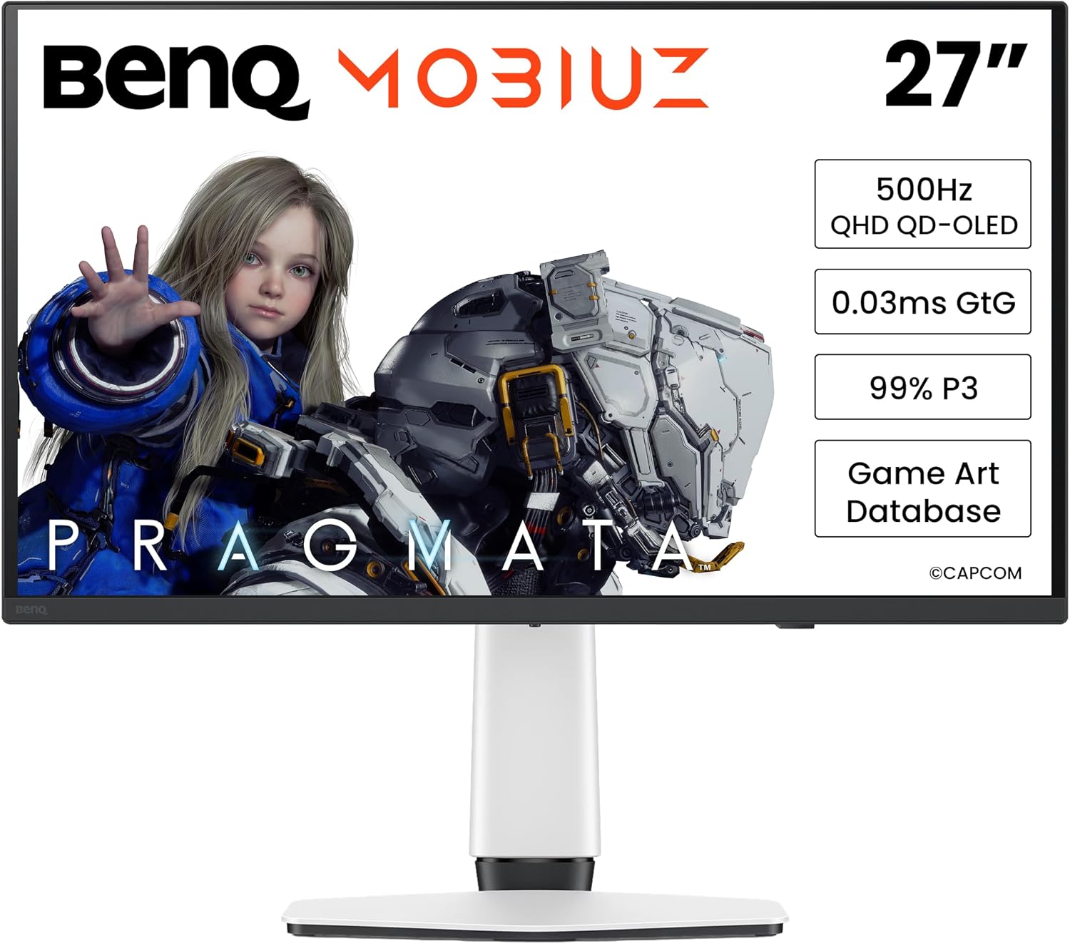 BenQ MOBIUZ EX271QZ 27' Gaming Monitor, 3rd Gen QD-OLED, 500Hz, 0.03ms, HDMI2.1, USB-C, VESA DisplayHDR True Black 500, MOBIUZ Color Tuning, eARC, 3-Year OLED Warranty