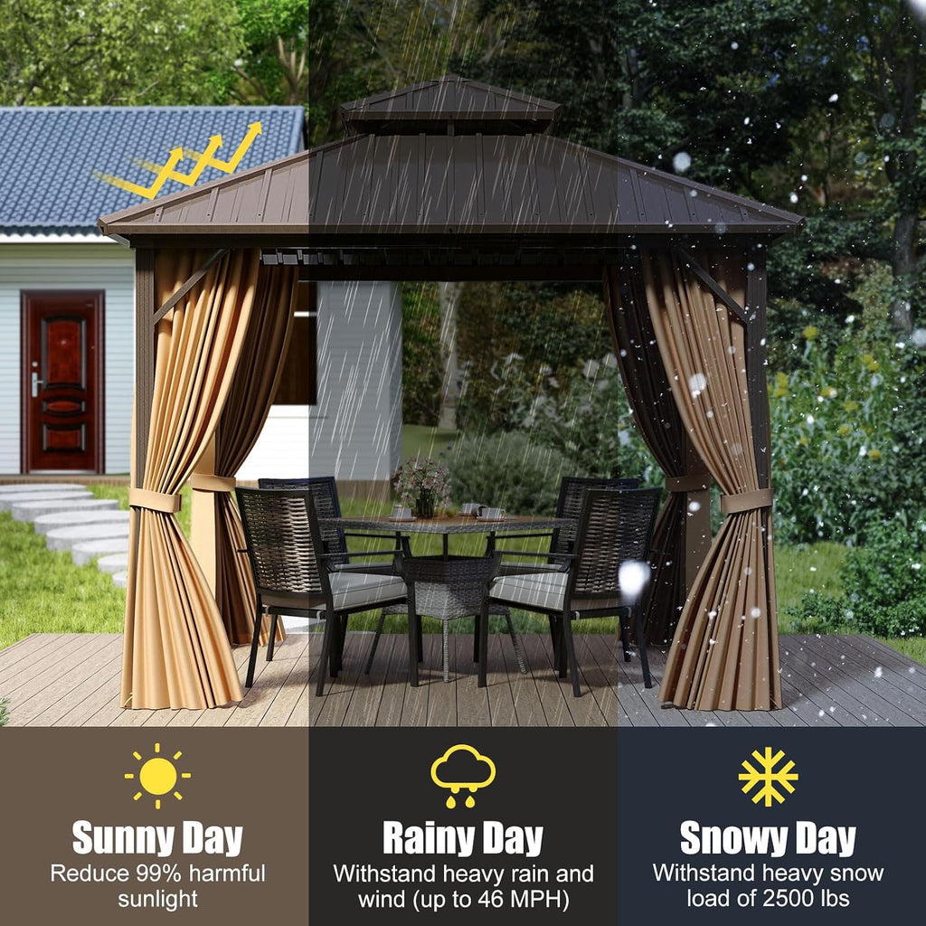 Tangkula 10x10 FT Hardtop Gazebo, Permanent Pavilion Shelter with Netting & Curtain, Heavy-Duty Double Galvanized Metal Roof, Aluminum Frame, Outdoor Gazebo for Patio Garden Deck Lawn Backyard