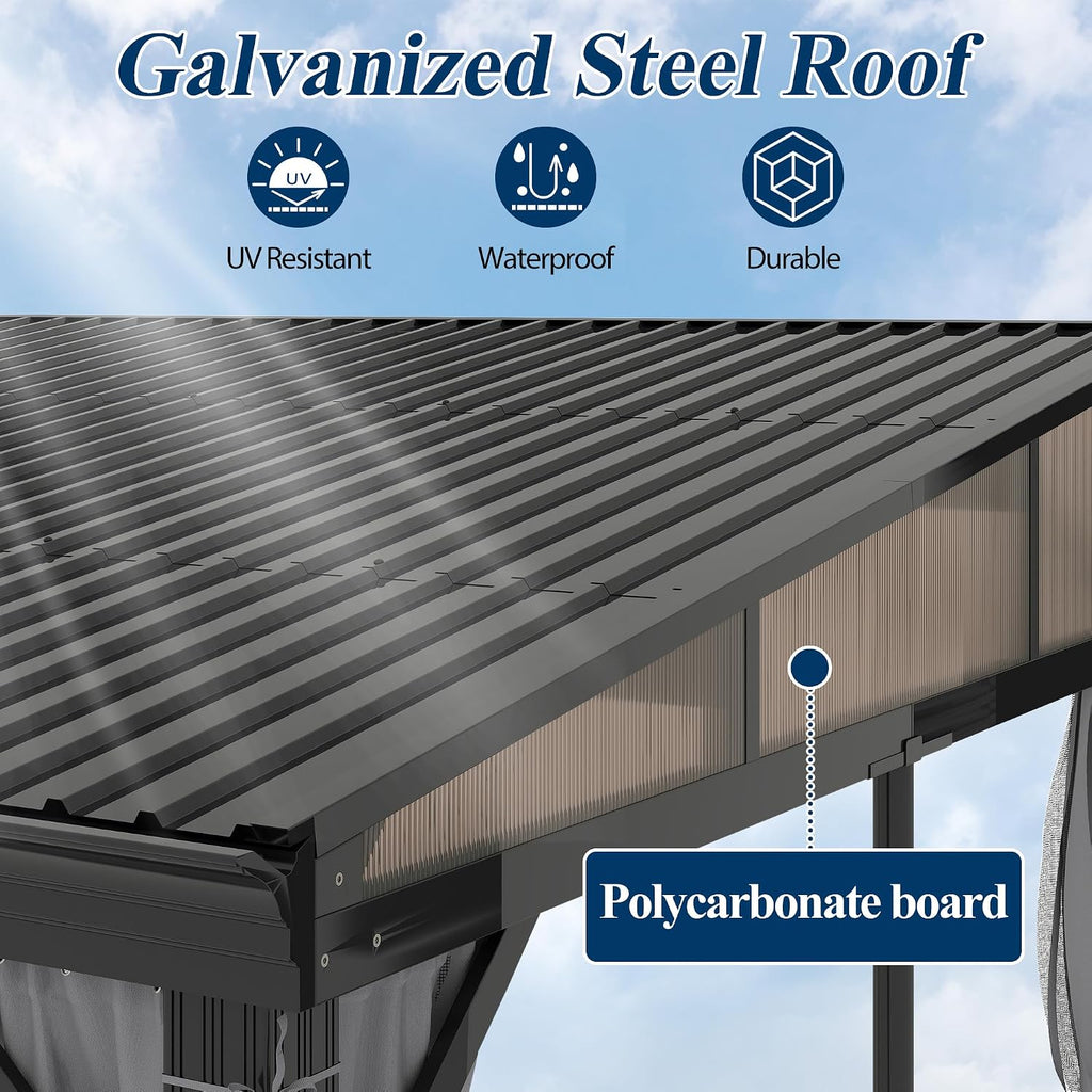 COVERONICS 10' X 12' Outdoor Lean to Gazebo - Wall-Mounted Aluminum Frame Gazebo with Slope Metal Roof, Patio Heavy-Duty Lean to Pergola with Netting & Curtains for Garden, Backyard, Deck