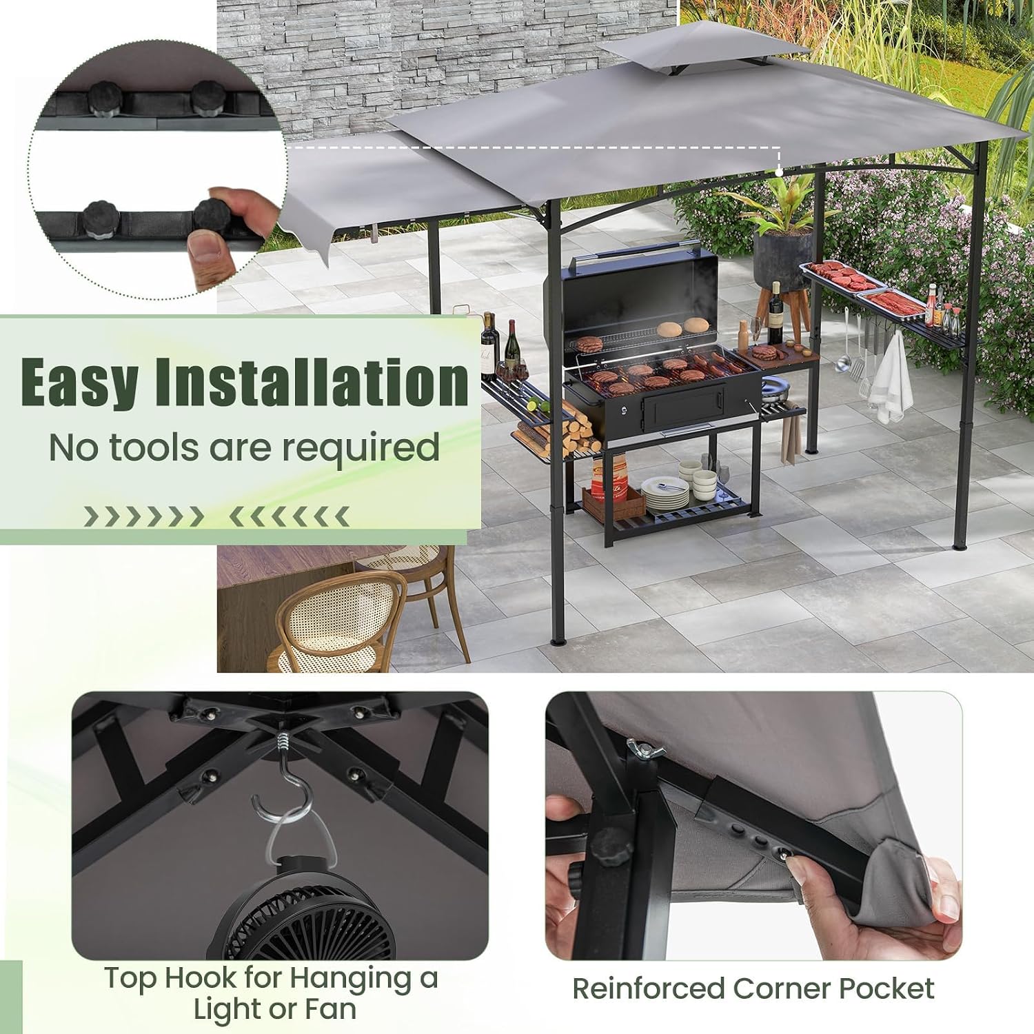 HAPPYGRILL Outdoor Grill Gazebo Canopy 11 x 5 FT, Barbecue Canopy with Double-Tiered Top, 2 Side Shelves, Hanging Hooks, Bottle Opener, Metal Frame, BBQ Grilling Shelter