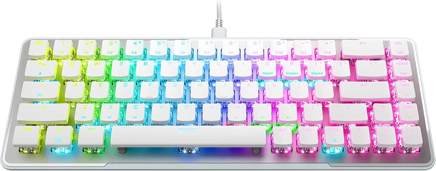 Roccat Vulcan II Mini–65% Optical PC Gaming Keyboard with Customizable RGB Illumination, Detachable Cable, Button Duplicator, On-board profiles, Aluminum Plate, 100 million Keystroke Durability -White