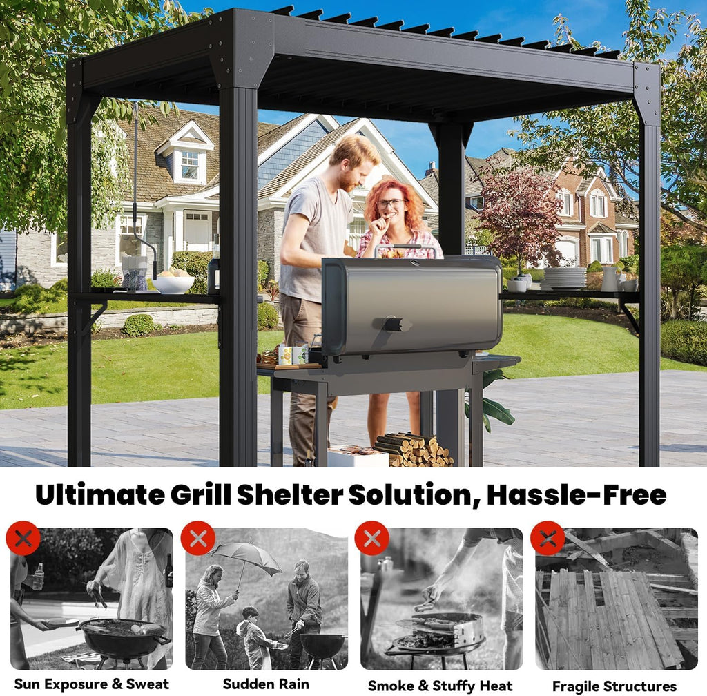 MELLCOM Grill Pergola 8x5.2ft with Adjustable Louvered Roof, Aluminum Gazebo with 2 Shelves & Rain Gutter, Weatherproof Outdoor Shelter for BBQ & Patio, Black