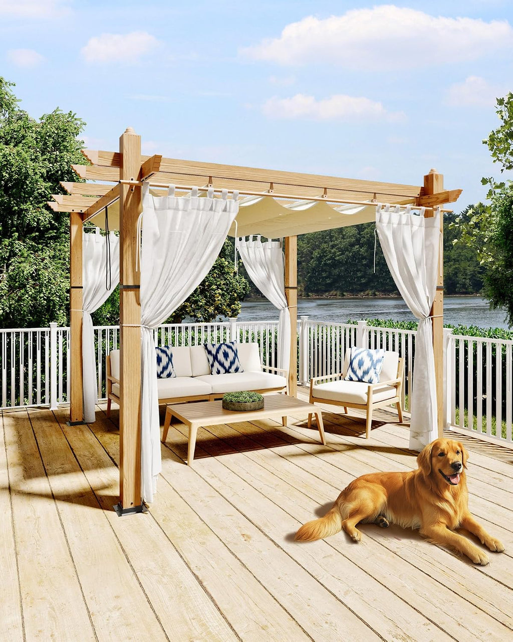 KYBOLT 10x10 Ft Outdoor Pergola with Retractable Canopy Metal Gazebo Imitation Wood-Grain Column with Side Mesh Screen Modern Pavilion for Backyard(Beige+White)