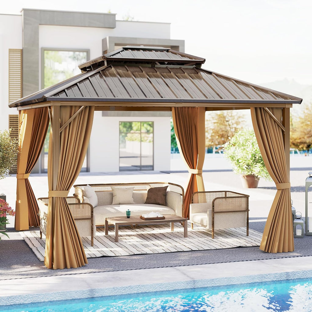 Tangkula 12x12 FT Hardtop Gazebo, Outdoor Permanent Pavilion Shelter with Netting & Curtain, Heavy-Duty Double Galvanized Metal Roof, Aluminum Frame, Outdoor Gazebo for Patio Garden Deck Lawn