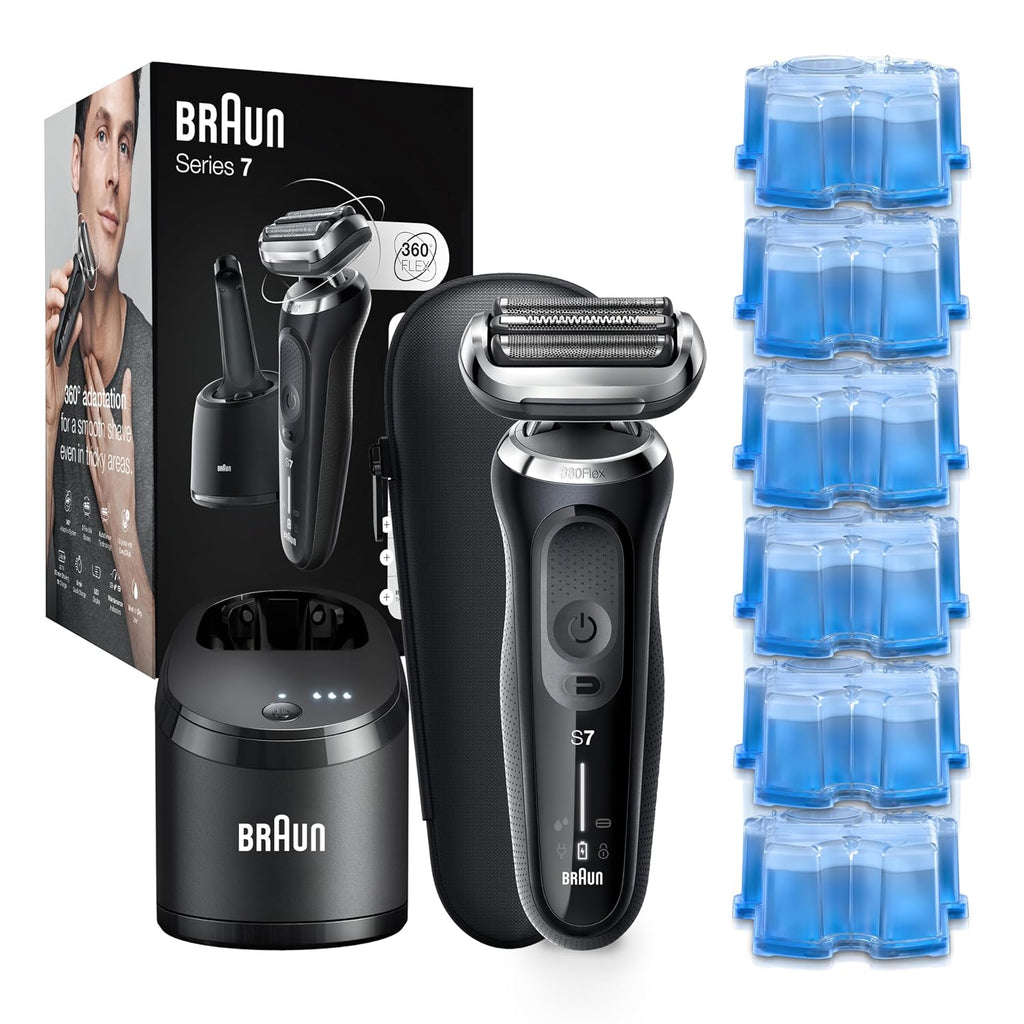 Braun Electric Razor for Men, Waterproof Foil Shaver, Series 7 7075cc, Wet & Dry Shave, with Beard Trimmer, Rechargeable, with Clean & Renew Refill Cartridges, 6 Count