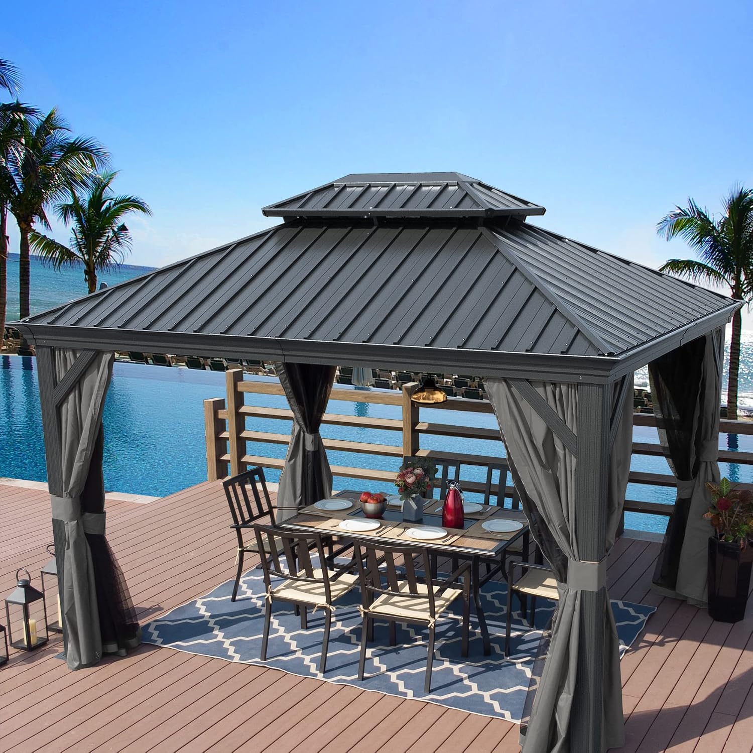 Kozyard Alexander 10' x 12' Hardtop Gazebo, Aluminum Frame with Galvanized Steel Double Roof, Outdoor Permanent Pavilion with Curtains and Netting for Patio, Backyard, Deck, Lawn (Gray)