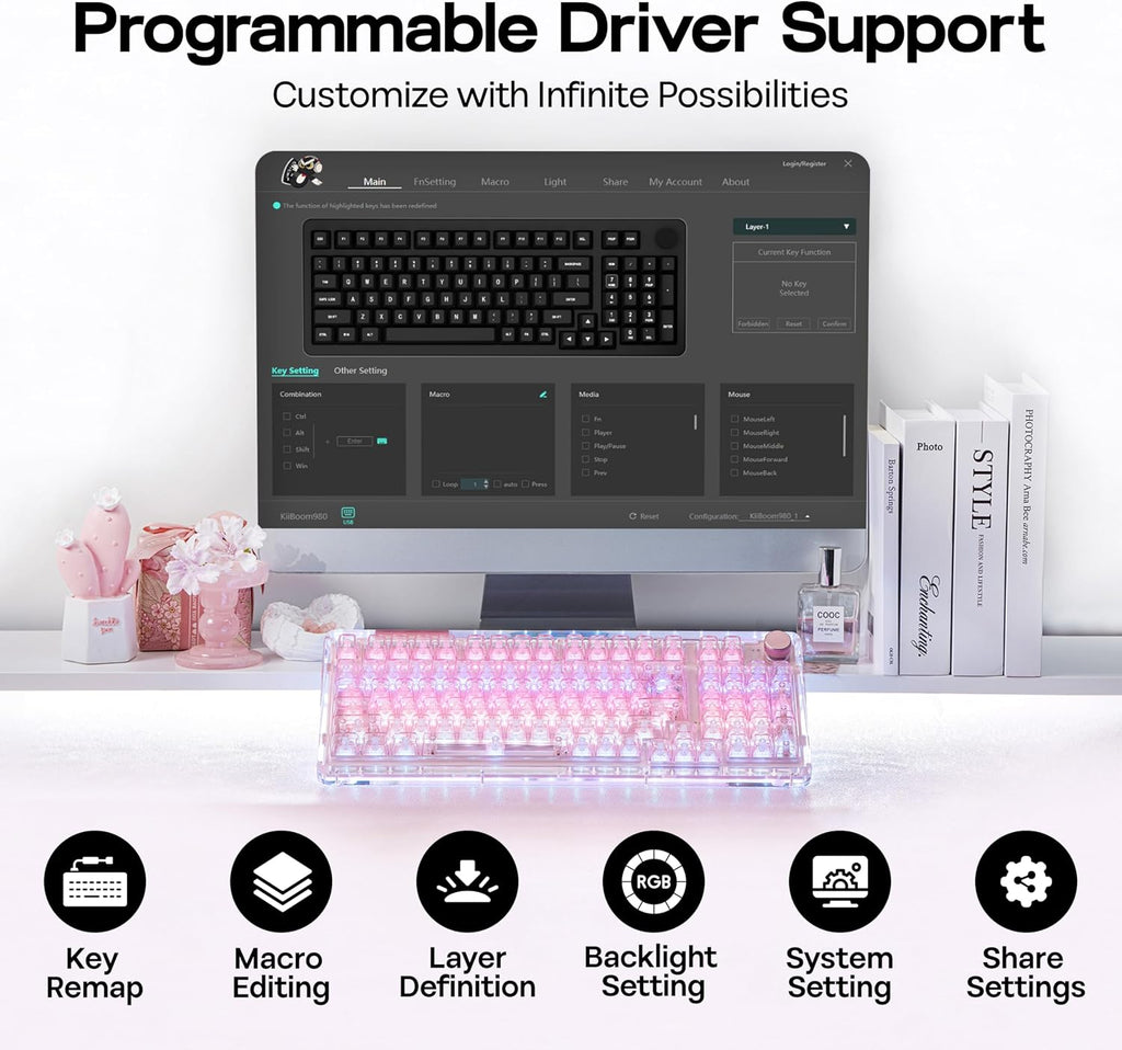 KiiBoom Phantom 98 Crystal Mechanical Gaming Keyboard, Transparent Keyboard with RGB Backlits, Hot-Swappable, Shine Through Clear Keycaps, 3 Modes Wireless, 8000mAh Battery, NKRO for Win/Mac (Pink)