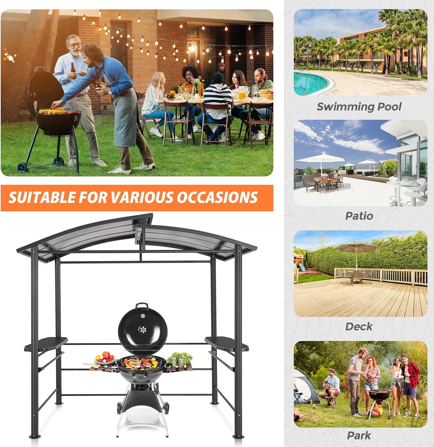 EAGLE PEAK 8x5 ft Grill Gazebo, Steel Frame Outdoor BBQ Cover, Double-Tier Polycarbonate Barbecue Canopy with Shelves