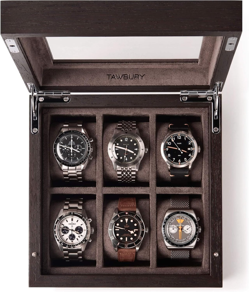 TAWBURY Wooden Watch Box Organizer for Men – 6 Slot Watch Box for Men | Luxury Watch Case for Men | Wood Watch Box Unisex | Wood Glass Watch Box Case Organizer | Wooden Watch Boxes for Men 6 Slot