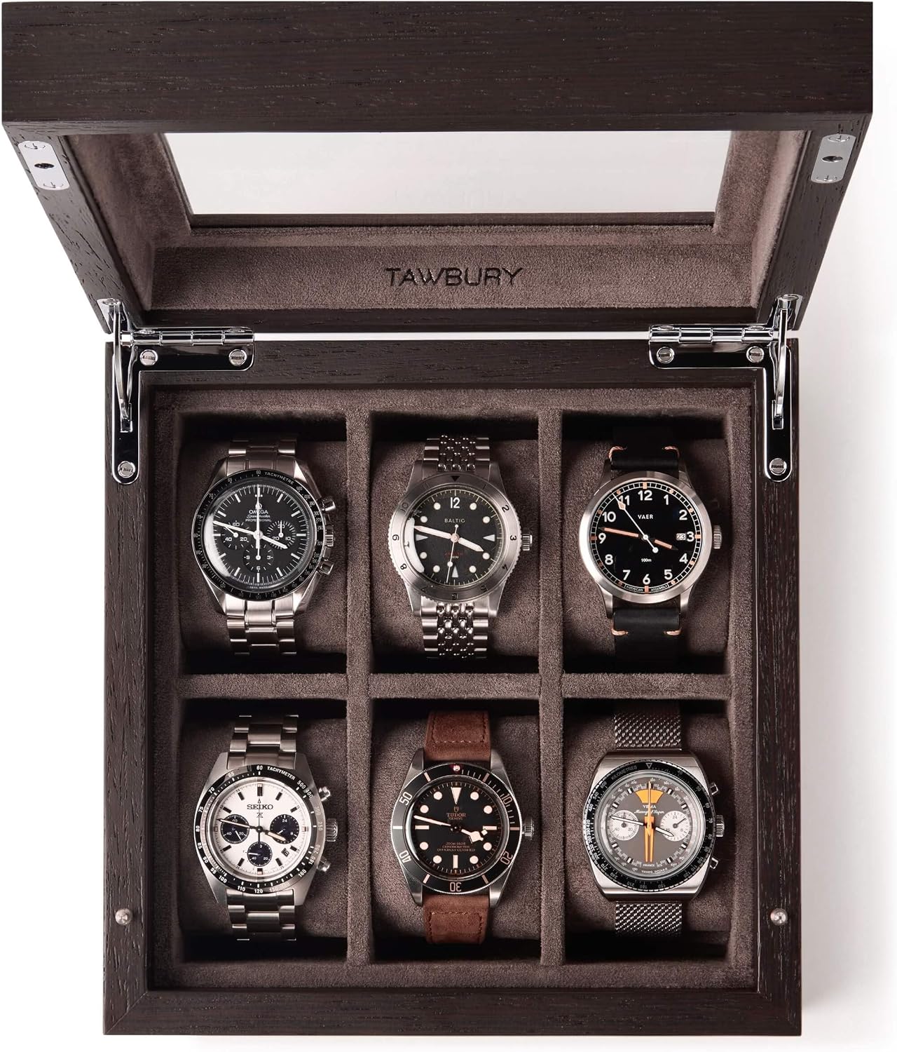 TAWBURY Wooden Watch Box Organizer for Men – 6 Slot Watch Box for Men | Luxury Watch Case for Men | Wood Watch Box Unisex | Wood Glass Watch Box Case Organizer | Wooden Watch Boxes for Men 6 Slot