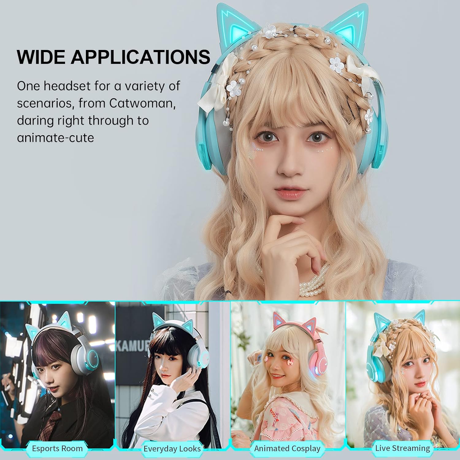 Edifier G5BT CAT Wireless Bluetooth Gaming Headset with Mic, Wired Cat Ear Headphones, Over Ear Headphones with Detachable Cat Ear, RGB Light, for PC, PS5, PS4, Nintendo Switch (Turquoise)