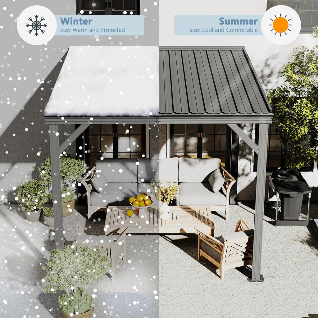 Domi 8' x 8' Wall-Mounted Hardtop Gazebo Pergola – Permanent Lean-to Outdoor Shelter with Sloped Galvanized Steel Roof & Upgraded Drainage – Grey Metal Patio Cover for Backyard, Deck, Garden