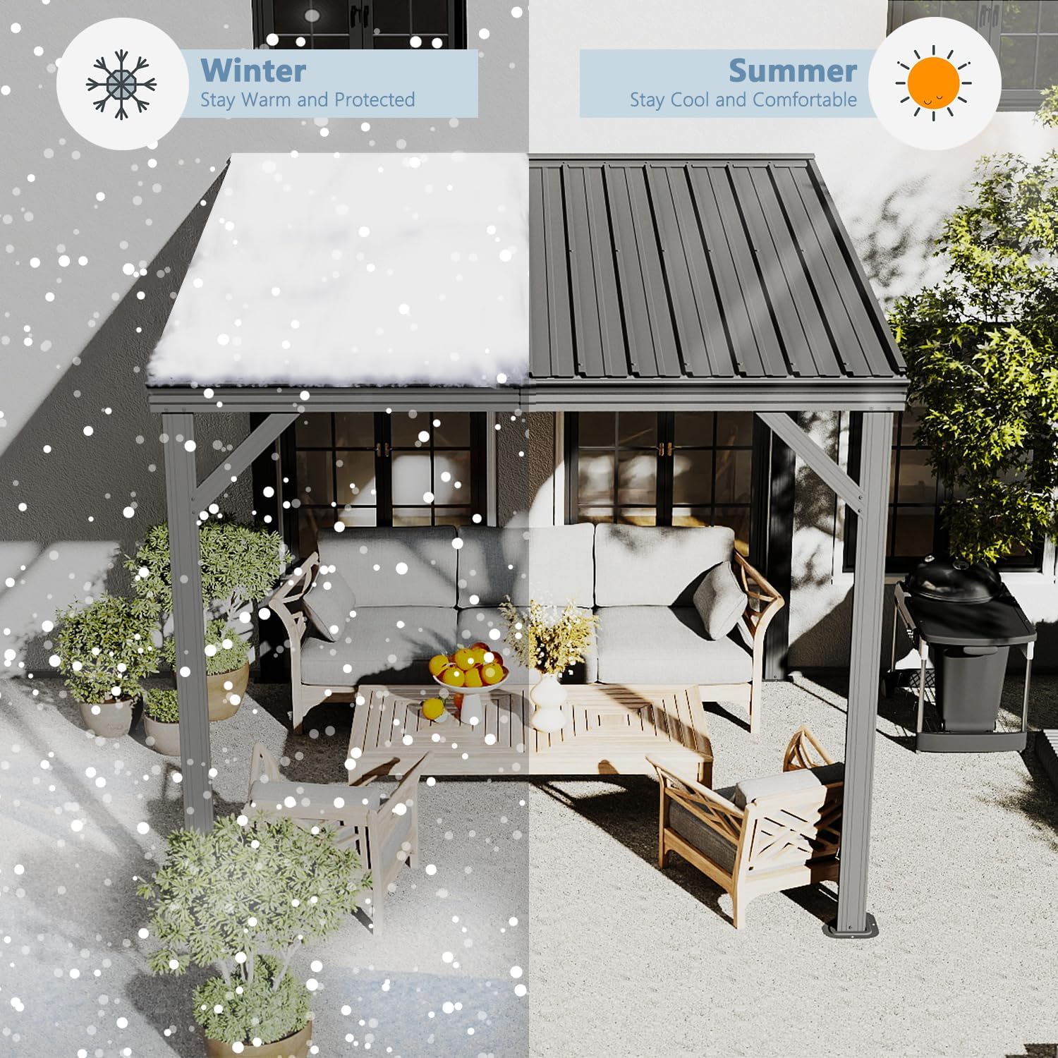 Domi 8' x 8' Wall-Mounted Hardtop Gazebo Pergola – Permanent Lean-to Outdoor Shelter with Sloped Galvanized Steel Roof & Upgraded Drainage – Grey Metal Patio Cover for Backyard, Deck, Garden