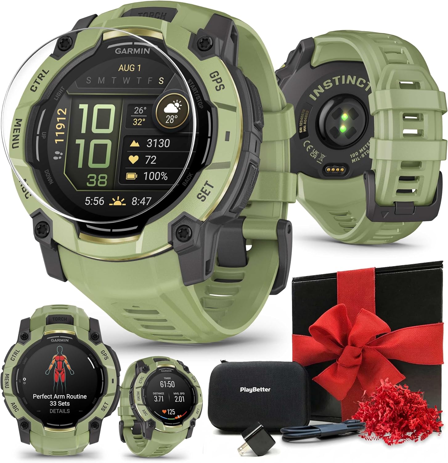 PlayBetter Garmin Instinct 3 Alpine Rush AMOLED (Fern Green, 50 mm) Outdoor GPS Smartwatch Gift Box Bundle - Built-in Flashlight, 24/7 Health & Wellness Screen Protectors, Wall Adapter & Case