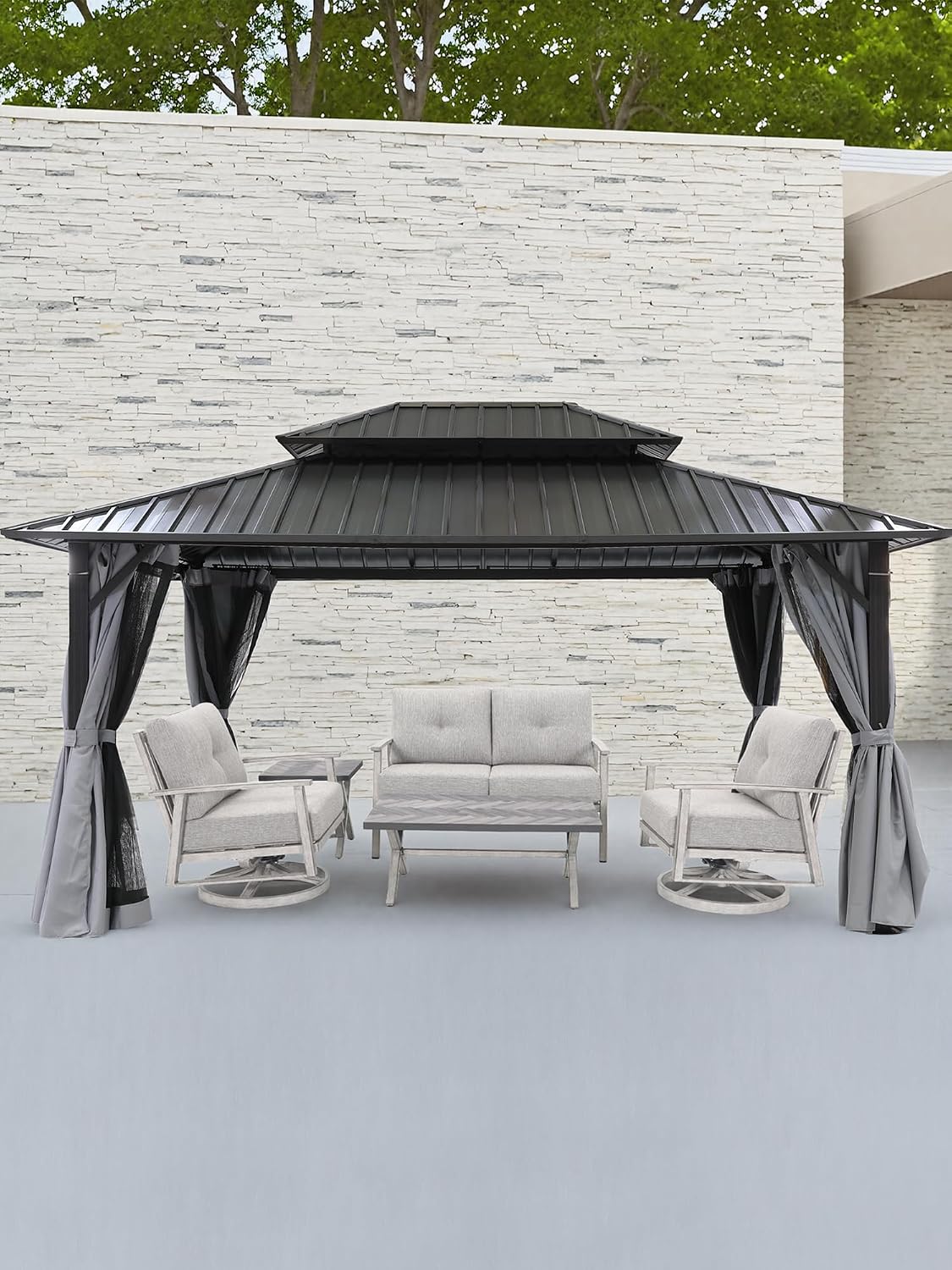 10' x 12' Hardtop Gazebo, Aluminum Frame Outdoor Patio Gazebo with Netting and Curtains, Outdoor Hardtop Gazebos, Patio Pergolas with Double Metal Roofs for Backyard, Patio, Deck, Slate Gray