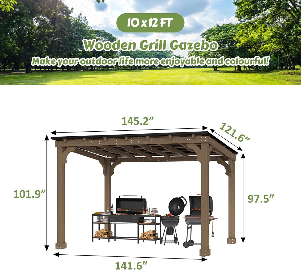 BlueWish 10' x12' Cedar Wood Grill Gazebo with 5.5' Width Column, Grill Gazebo Shelter with Sturdy Structure, Wind-Resistant Patio Gazebo with Sloping Roof for Barbecue, Backyard, Light Mocha Brown