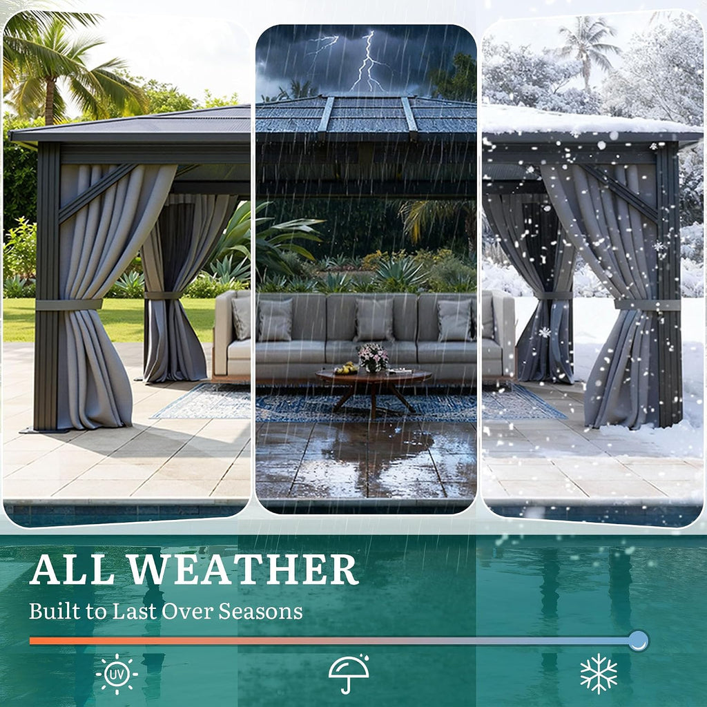 YITAHOME 10x12ft Polycarbonate Gazebo Single Top Outdoor with Netting and Shaded Curtains, Metal Frame Garden Tent for Patio, Backyard, Deck and Lawns, Gray
