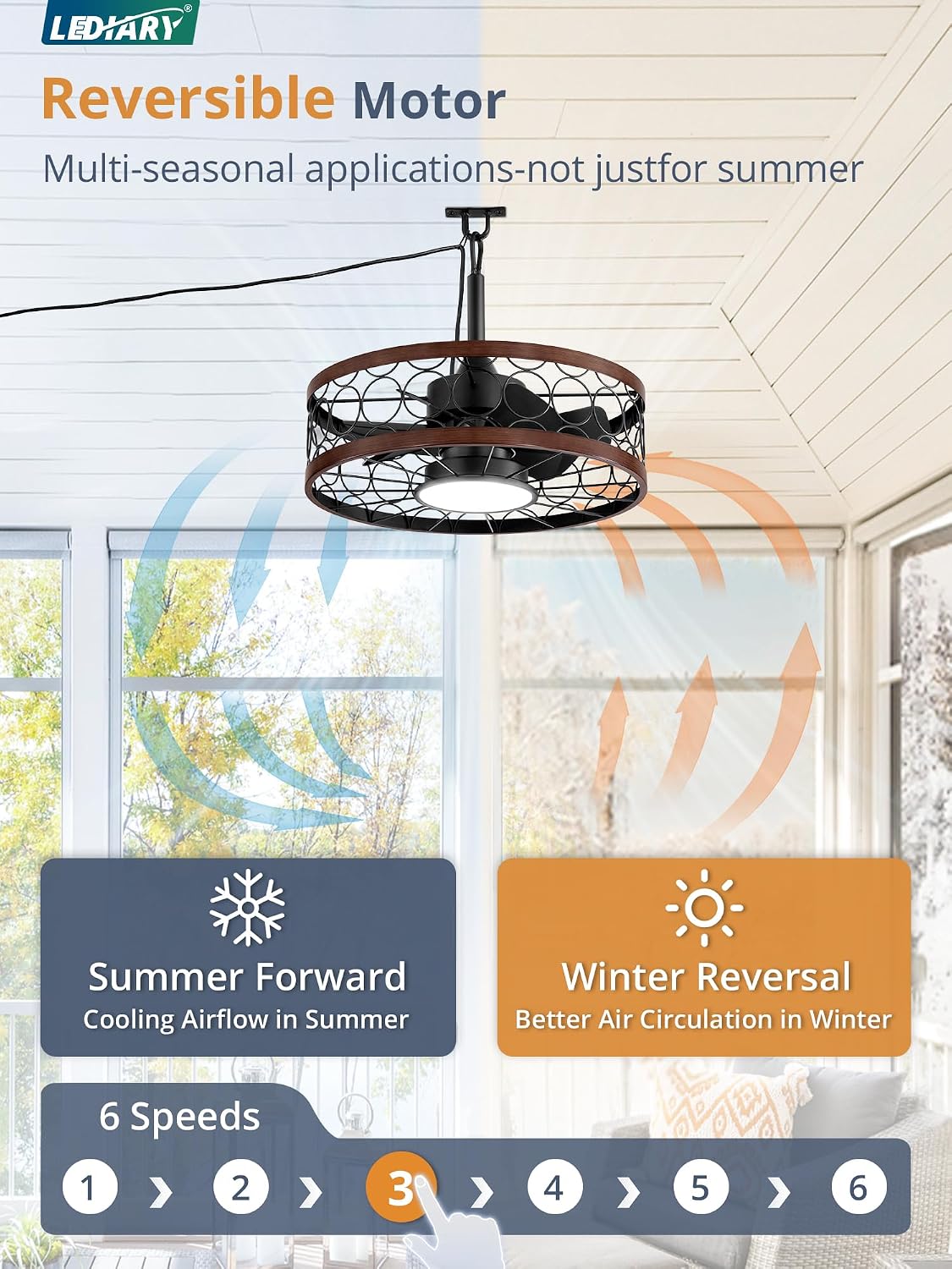 LEDIARY Outdoor Ceiling Fan with Light and Remote,Waterproof Gazebo Fan with Hanging Hook,6 Speeds, 3CCT, 20 Inch Caged Plug in Ceiling Fan for Patios,Porch, Pergola,Canopy