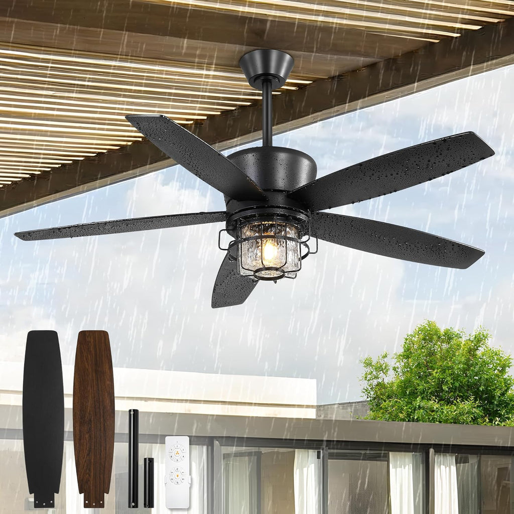 Fanbulous 52' Outdoor Ceiling Fans with Lights and Remote Control,IP65 Wet Rated Waterproof Ceiling Fan with 6-Speed DC Motor, Farmhouse Gazebo Fan for Porch Patios Pavilion（Black）