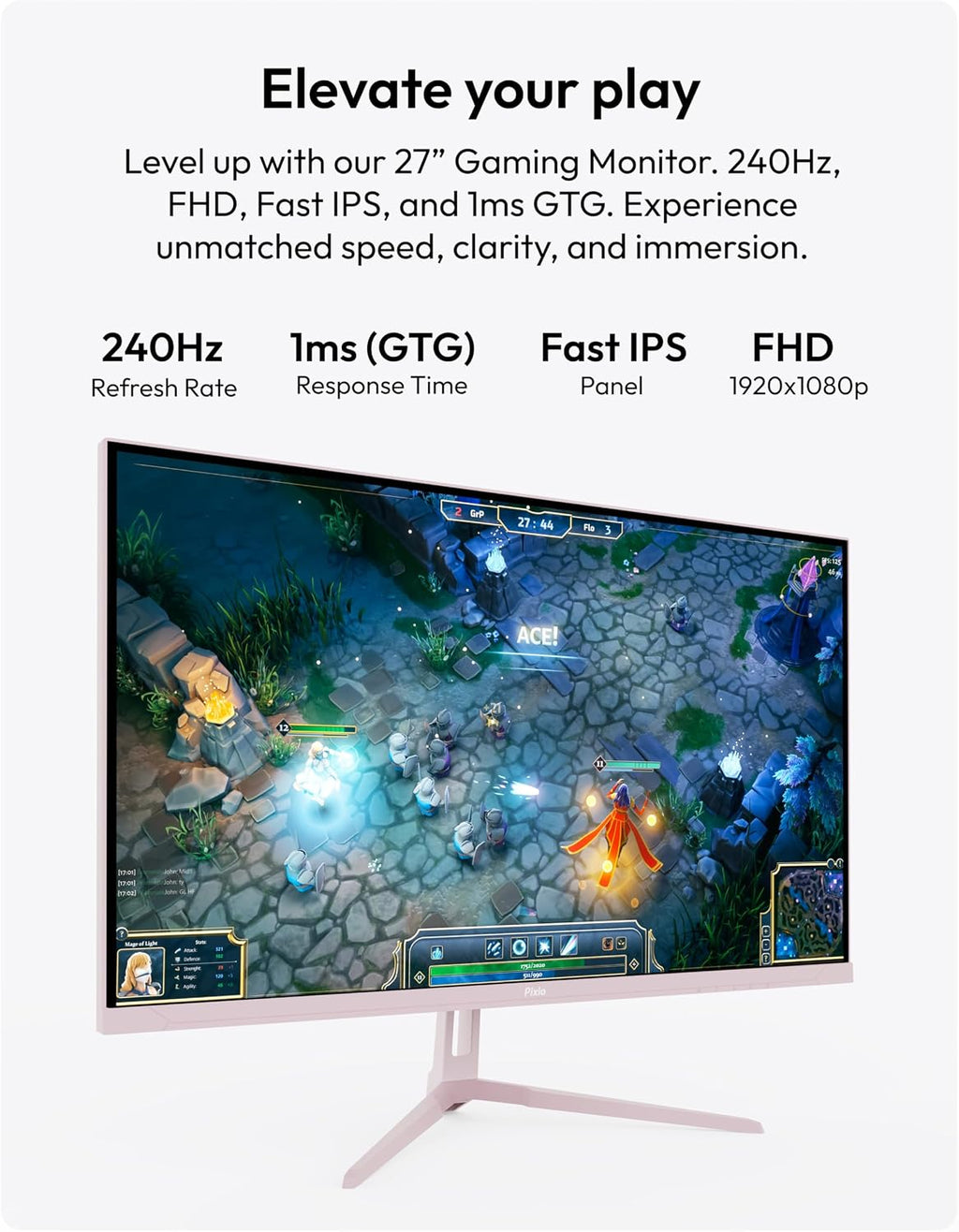 Pixio PX279 Wave Pink 27 inch 240Hz Refresh Rate FHD 1080p Resolution Fast IPS Panel 1ms GTG Response Time Gaming Monitor with Adaptive Sync