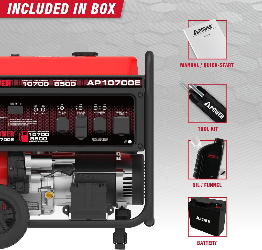 A-iPower 10700-Watt Electric Start Portable Generator Gas Powered, Heavy Duty Generator with 459cc OHV Engine for Home Use, Jobsite, Emergency, Power Outages (AP10700E)