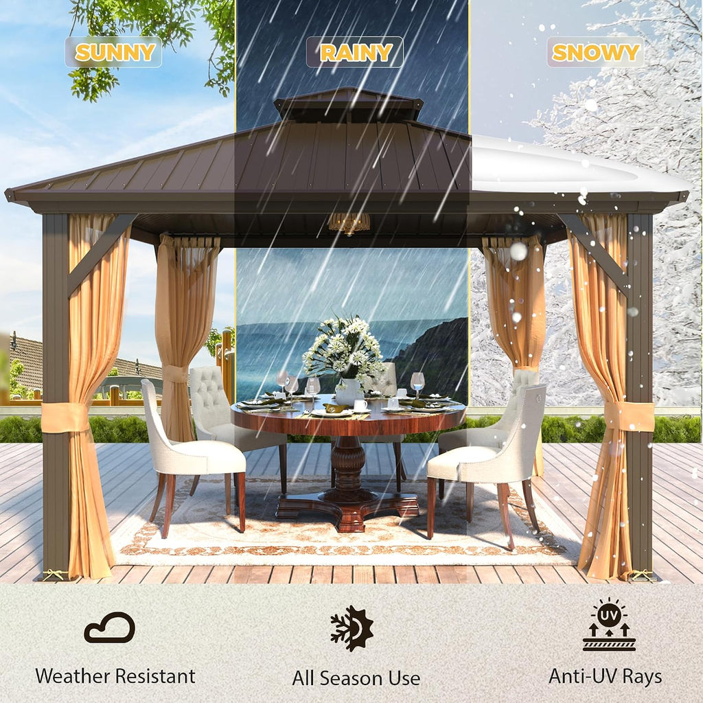 YOLENY 12' x 12' Gazebo Hardtop with Aluminum Frame,Galvanized Steel Double Roof Gazebos with Curtain and Netting,Outdoor Metal Pergolas for Garden, Lawn, Deck, Brown