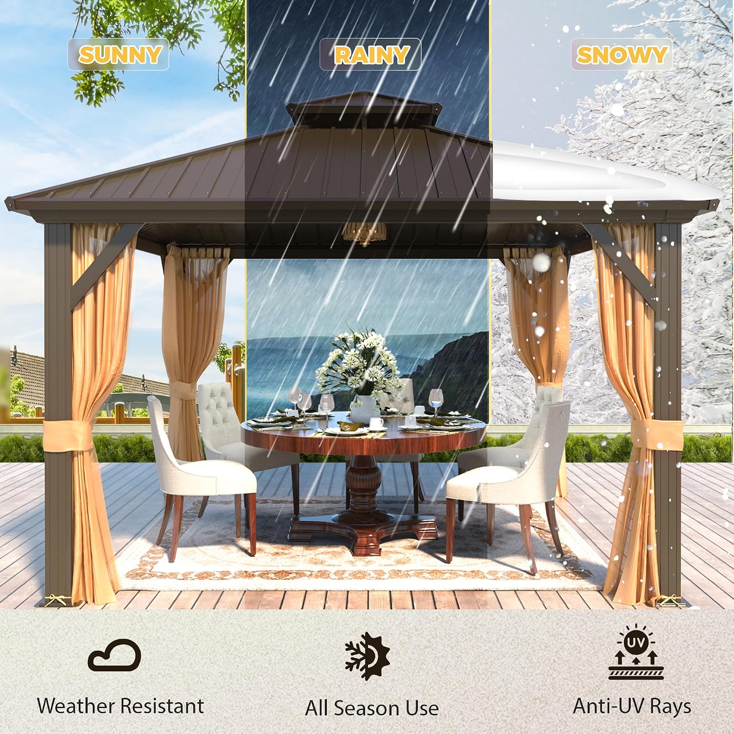 YOLENY 12' x 12' Gazebo Hardtop with Aluminum Frame,Galvanized Steel Double Roof Gazebos with Curtain and Netting,Outdoor Metal Pergolas for Garden, Lawn, Deck, Brown