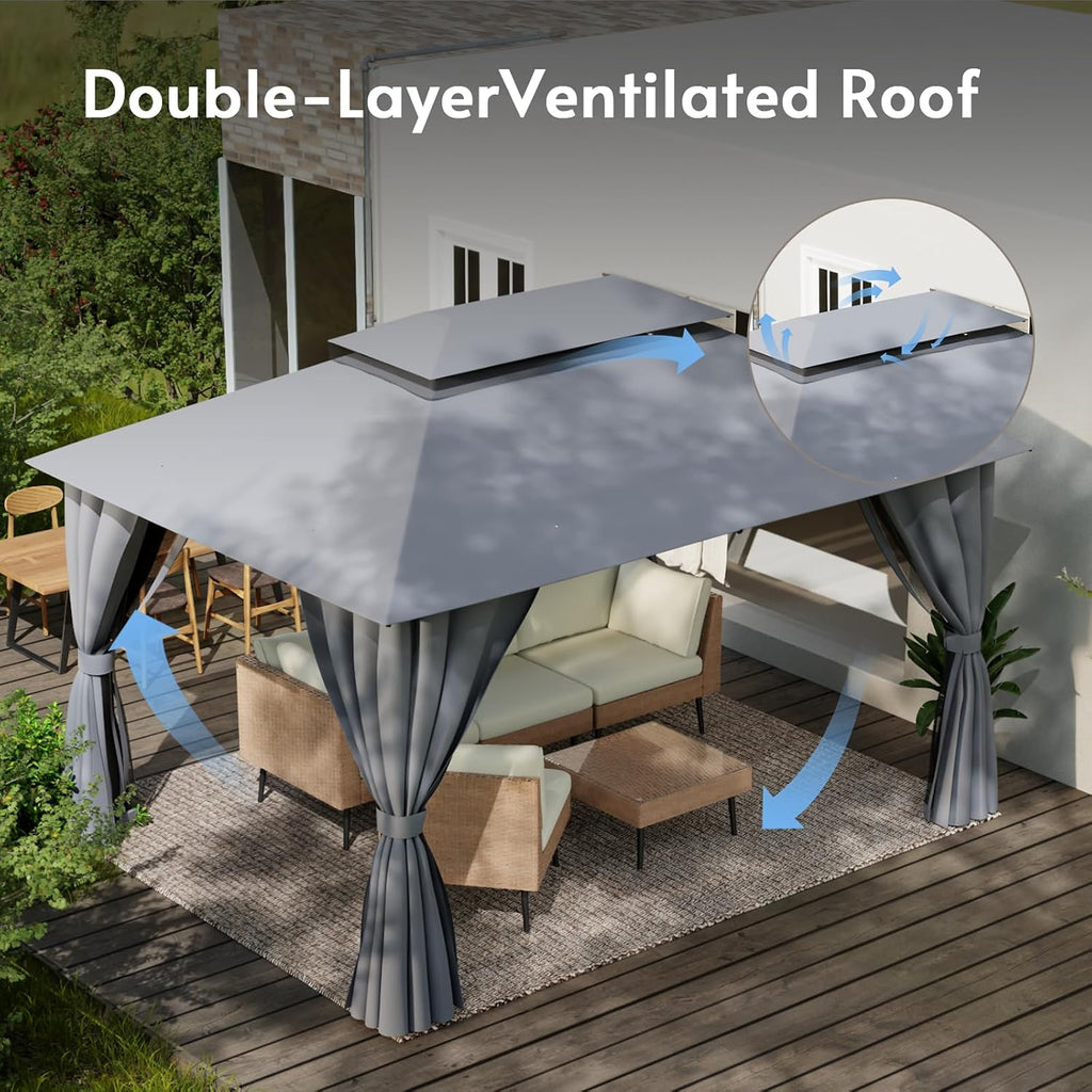 Outdoor Gazebo 10x13 with Double Roof, Patio Gazebo with Netting & Curtain Included. Trapezoidal Support System for Enhanced Stability, Perfect for Patio, Deck, Backyard