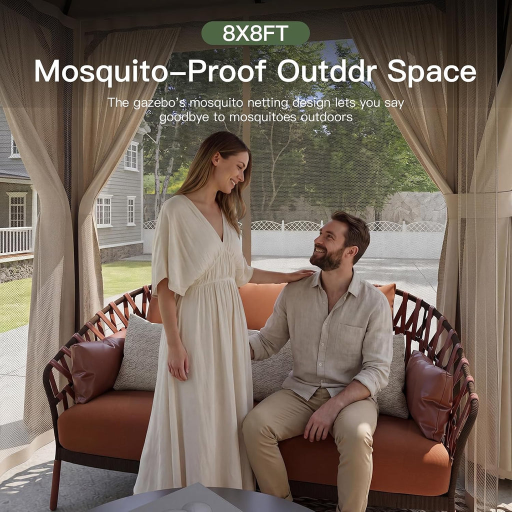 AOXUN Outdoor Gazebo for Patio 8x8 Metal Frame Canopy with Double Roofs Heavy Duty Party Tent and Shelter with Mosquito Netting and Privacy Screen for Backyard, Lawn, Garden, Deck (Khaki)