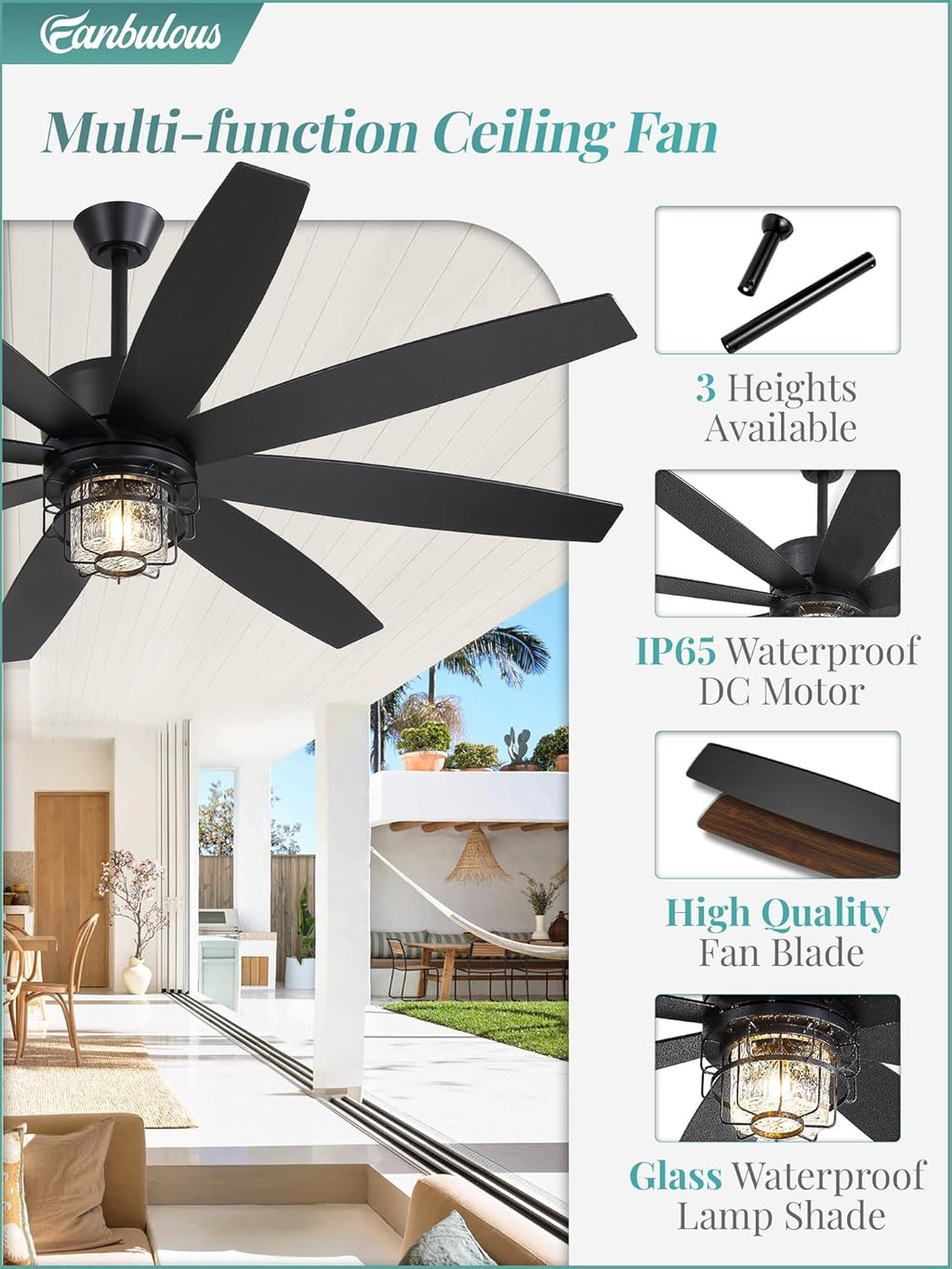 Fanbulous 65' Outdoor Ceiling Fans with Lights and Remote Control, IP65 Wet Rated Waterproof Ceiling Fan with 6-Speed DC Motor, Farmhouse Gazebo Fan for Porch Patios Pavilion（Black）