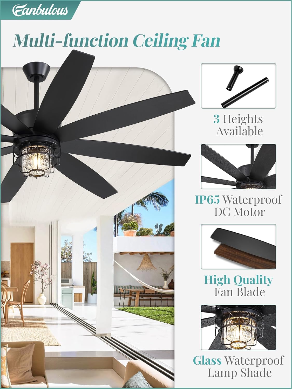 Fanbulous 65' Outdoor Ceiling Fans with Lights and Remote Control, IP65 Wet Rated Waterproof Ceiling Fan with 6-Speed DC Motor, Farmhouse Gazebo Fan for Porch Patios Pavilion（Black）