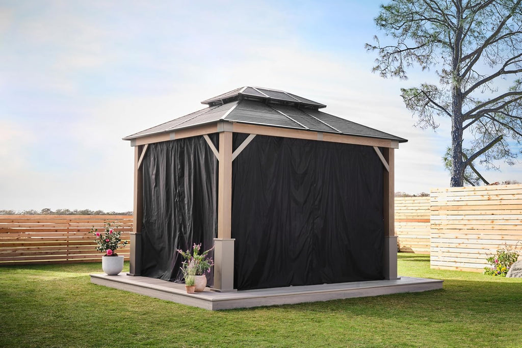 Tommy Bahama Edition Cove 10' x 12' Outdoor Hardtop Gazebo Pavilion for Backyard or Patio, Heavy-Duty Galvanized Steel Double Roof Gazebo, Wood Grain Finish