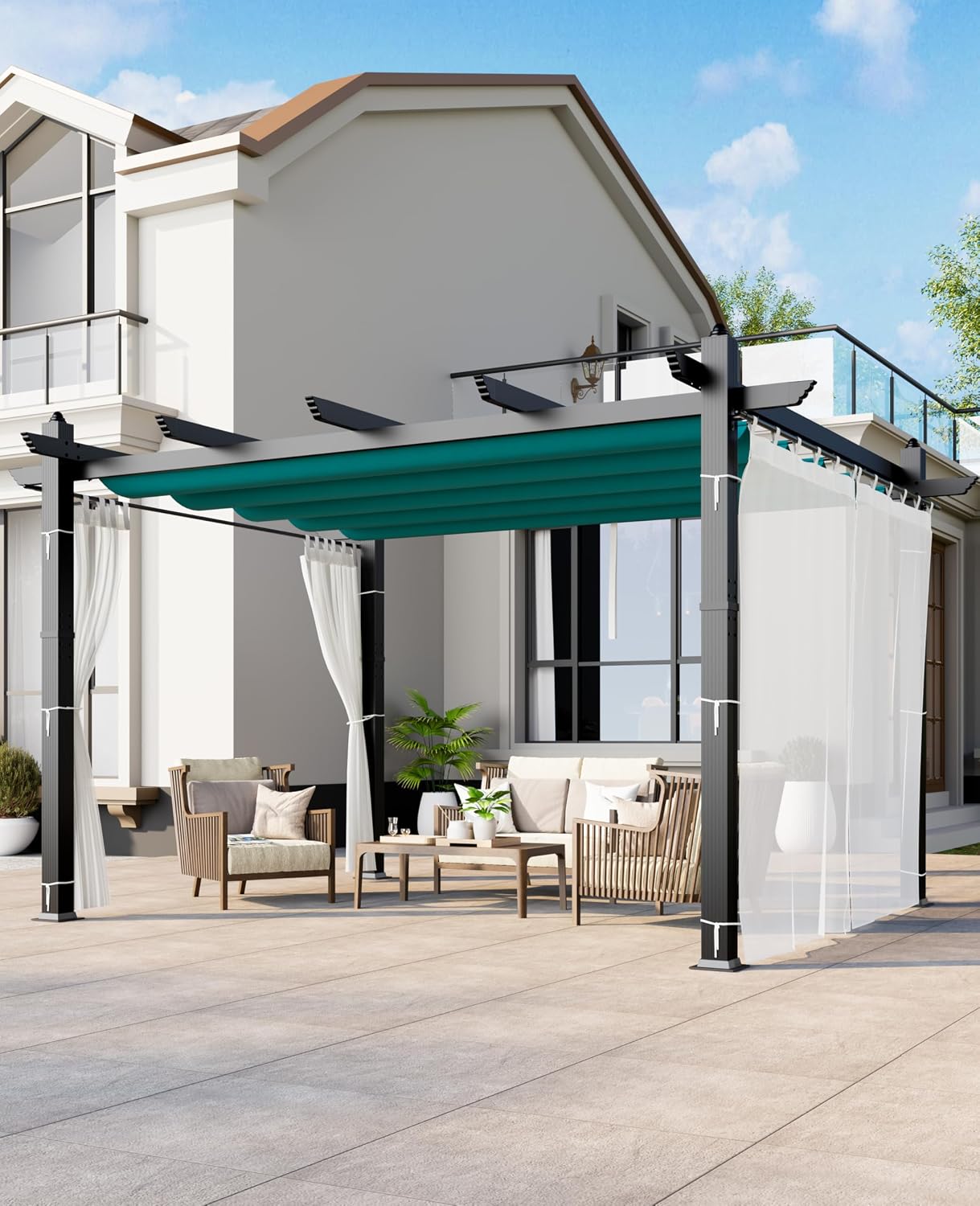 10x13 Ft Outdoor Aluminum Pergola, Upgraded Grey Retractable Pergola with Adjustable Roof & Side Mesh Screen, Modern Metal Patio Gazebo for Deck, Backyard, Porch, Vineyards, Blue + White