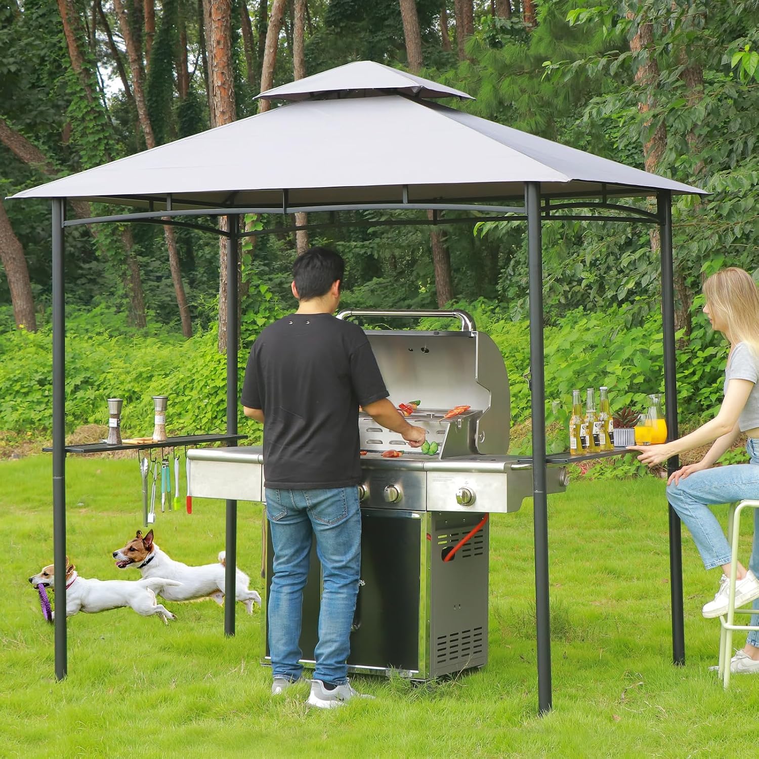 FAB BASED 5x8 Grill Gazebo, All-Weather Steel Construction, Double Tiered & Resistance Canopy Roof, Metal Serving Shelves, 2 LED and Bottle Opener for Patio, Backyard, BBQ (Light Gray)