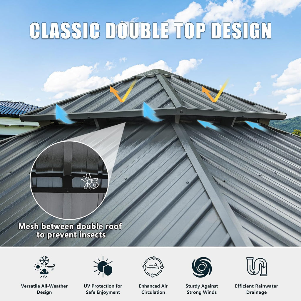 Domi 12' X 12' Hardtop Gazebo Outdoor Metal Gazebo with Galvanized Steel Double Roof Canopy, Aluminum Frame, Curtains and Netting for Patio, Deck, Garden, Grey