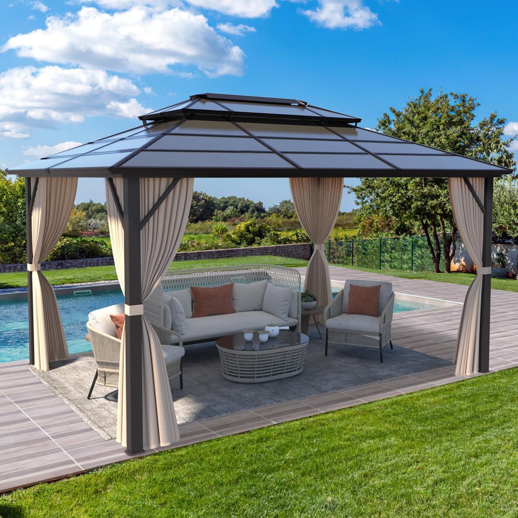 MELLCOM 10'x13' Hardtop Gazebo with Polycarbonate Double Roof, Aluminum Frame Outdoor Gazebo Permanent Pavilion with Curtains and Netting for Patio, Lawn & Garden