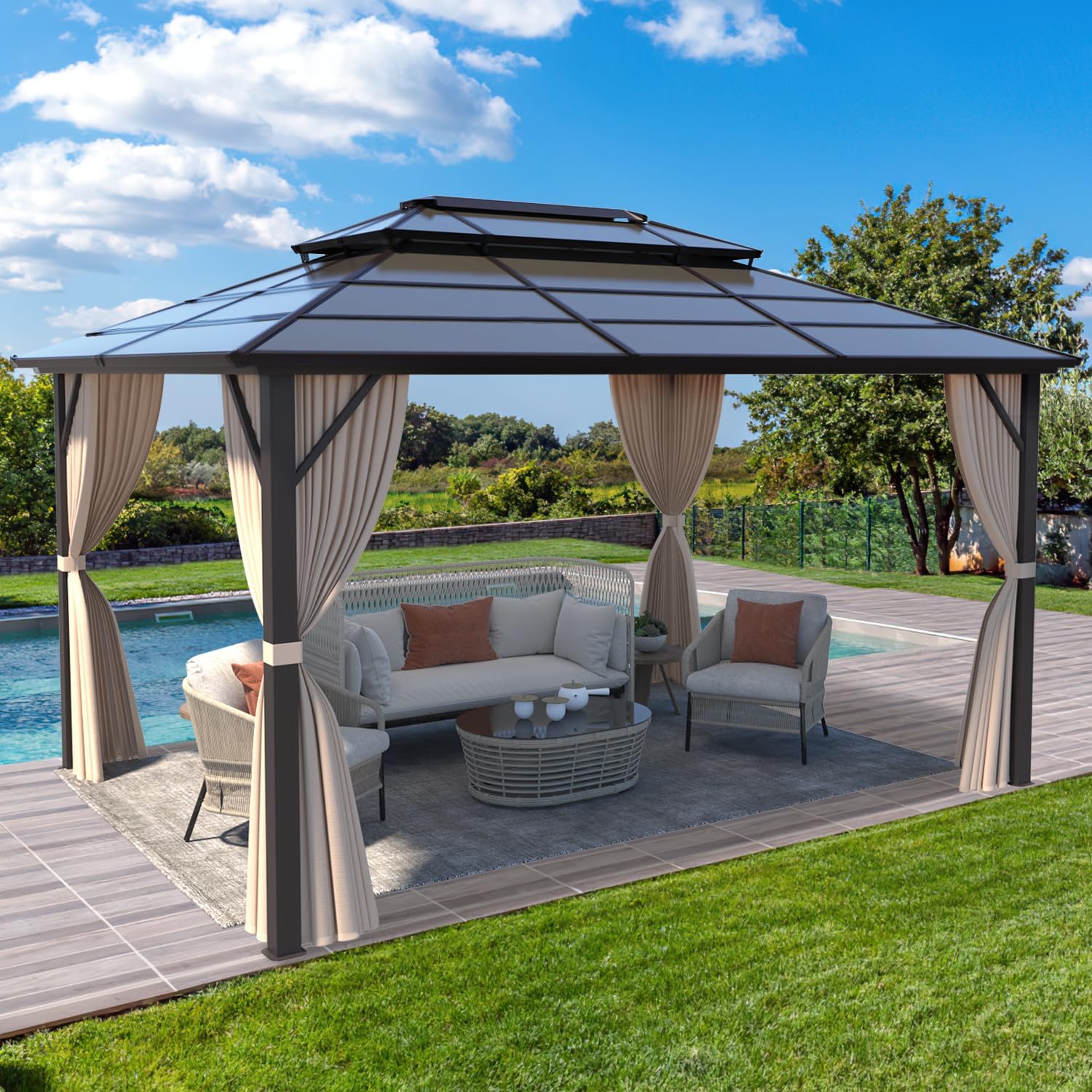 MELLCOM 10'x13' Hardtop Gazebo with Polycarbonate Double Roof, Aluminum Frame Outdoor Gazebo Permanent Pavilion with Curtains and Netting for Patio, Lawn & Garden