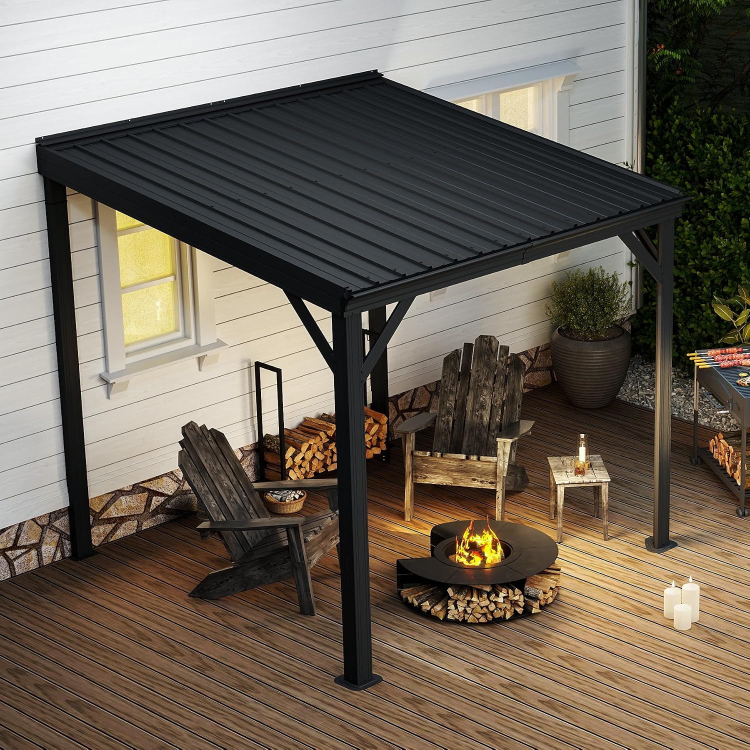 Domi 8'x8' Lean-to Gazebo, Hardtop Wall-Mounted Gazebo Pergola with Sloping Galvanized Steel Roof and Upgraded Drainage System, Outdoor Permanent Metal Shelters for Patio Backyard Deck, Grey