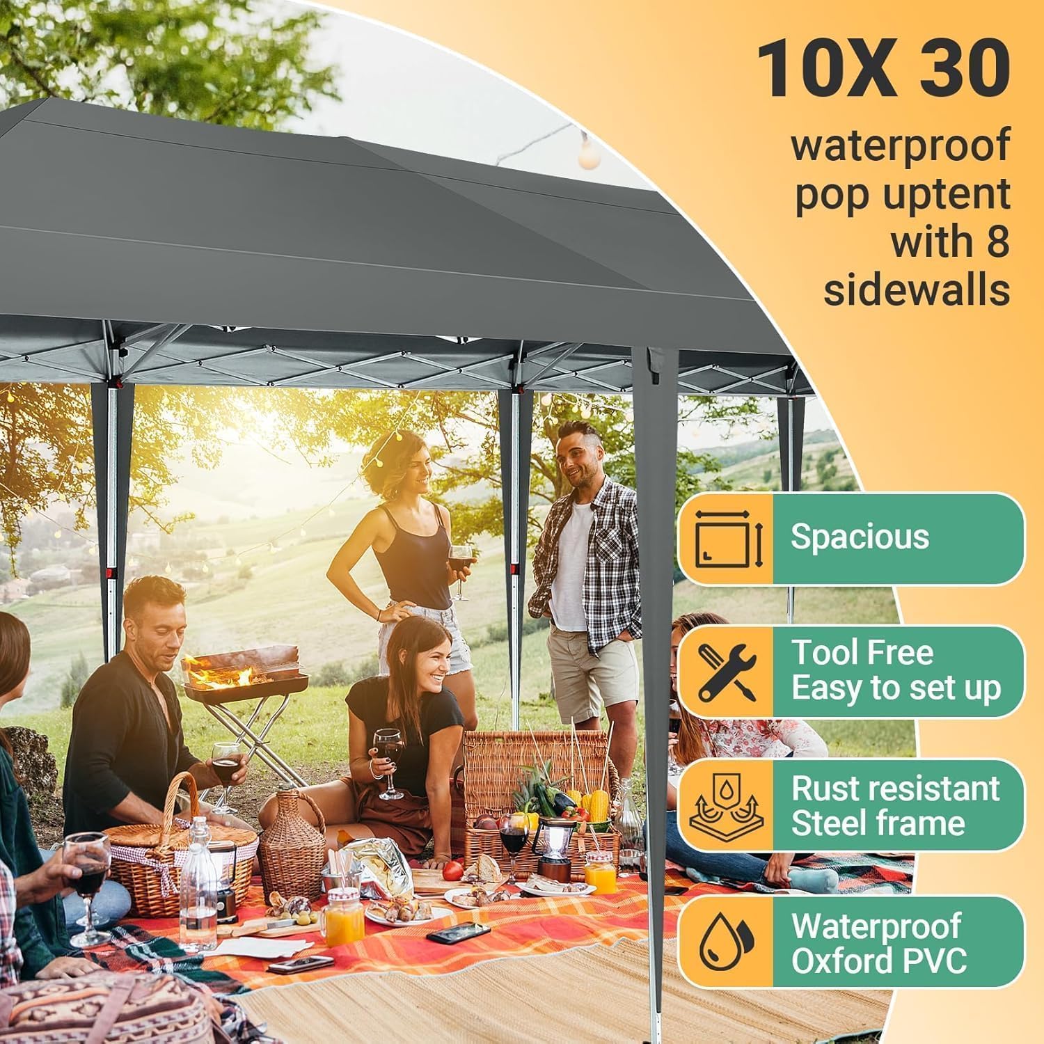 COBIZI 10x30 Pop Up Canopy Tent with 8 Sidewalls Party Tents for Parties Weddings Backyard Waterproof Commercial Instant Outdoor Events Tent with Stakes, Ropes,Sandbags（10 x 30 ft Gray