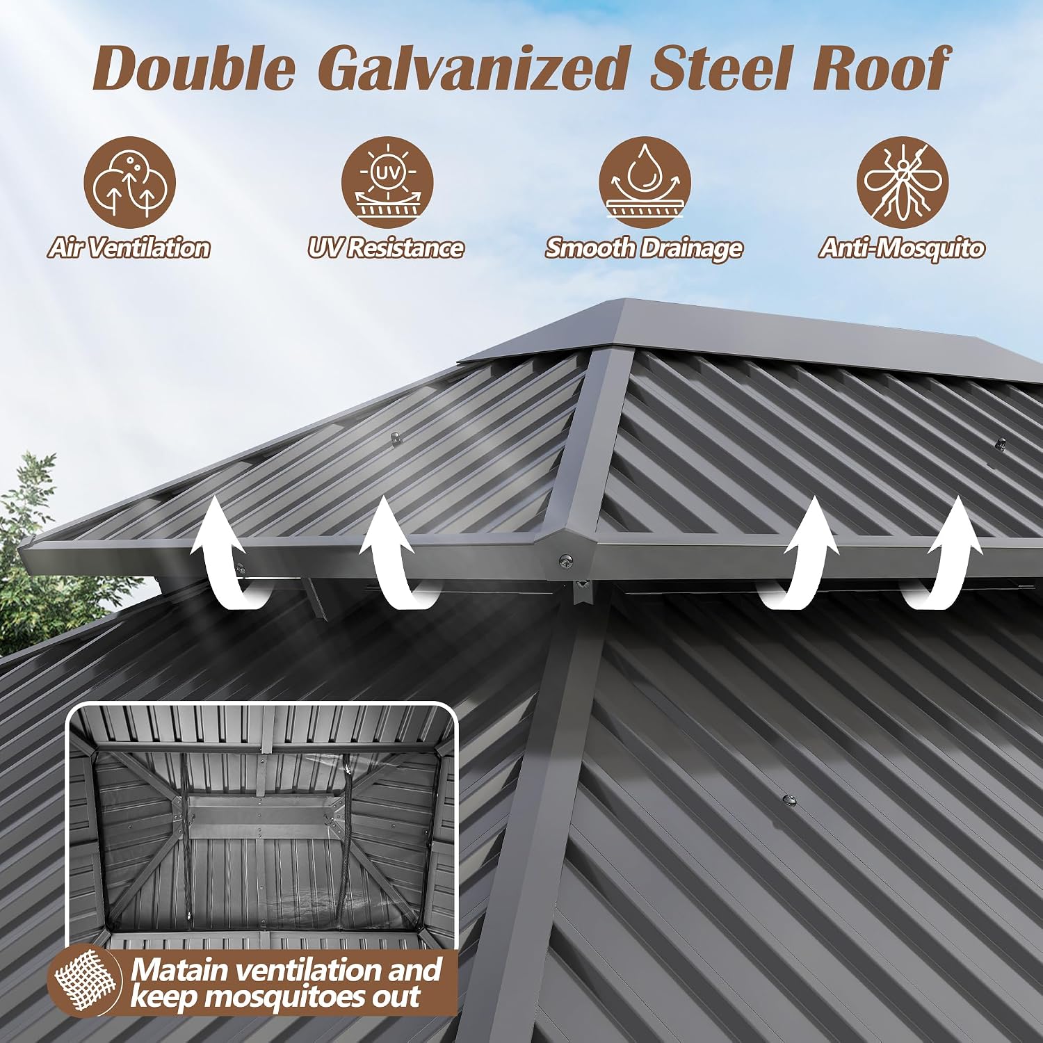 10x12FT Wood Gazebo,Outdoor Wooden Hardtop Gazebo with Galvanized Steel Doule Roof,Cedar Wood Frame Gazebos with Netting &Curtainfor Patio Backyard Deck