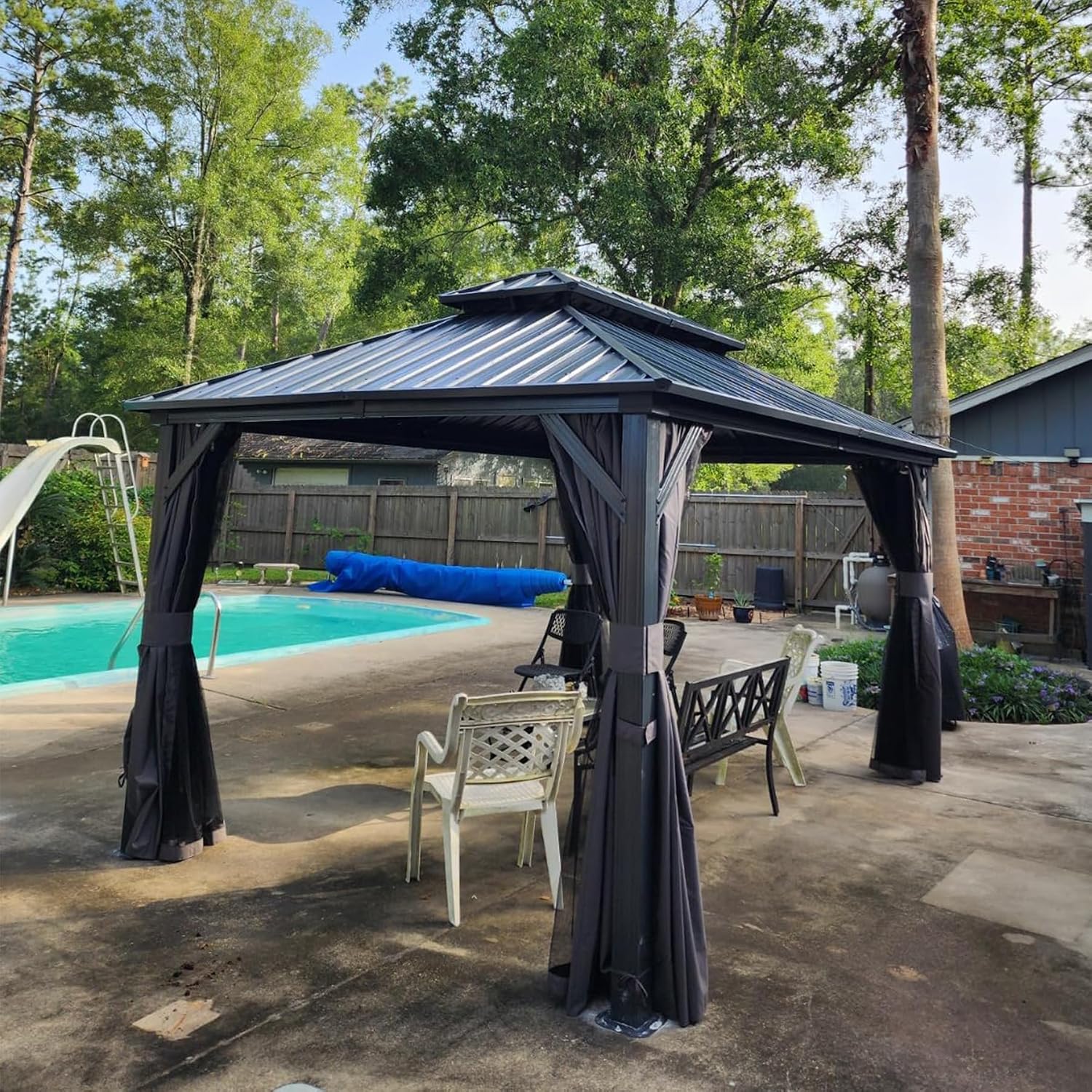 Domi 12' x 14' Hardtop Gazebo Outdoor Metal Gazebo with Galvanized Steel Double Roof Canopy, Curtains and Netting for Patio, Backyard, Deck, Lawn, Grey