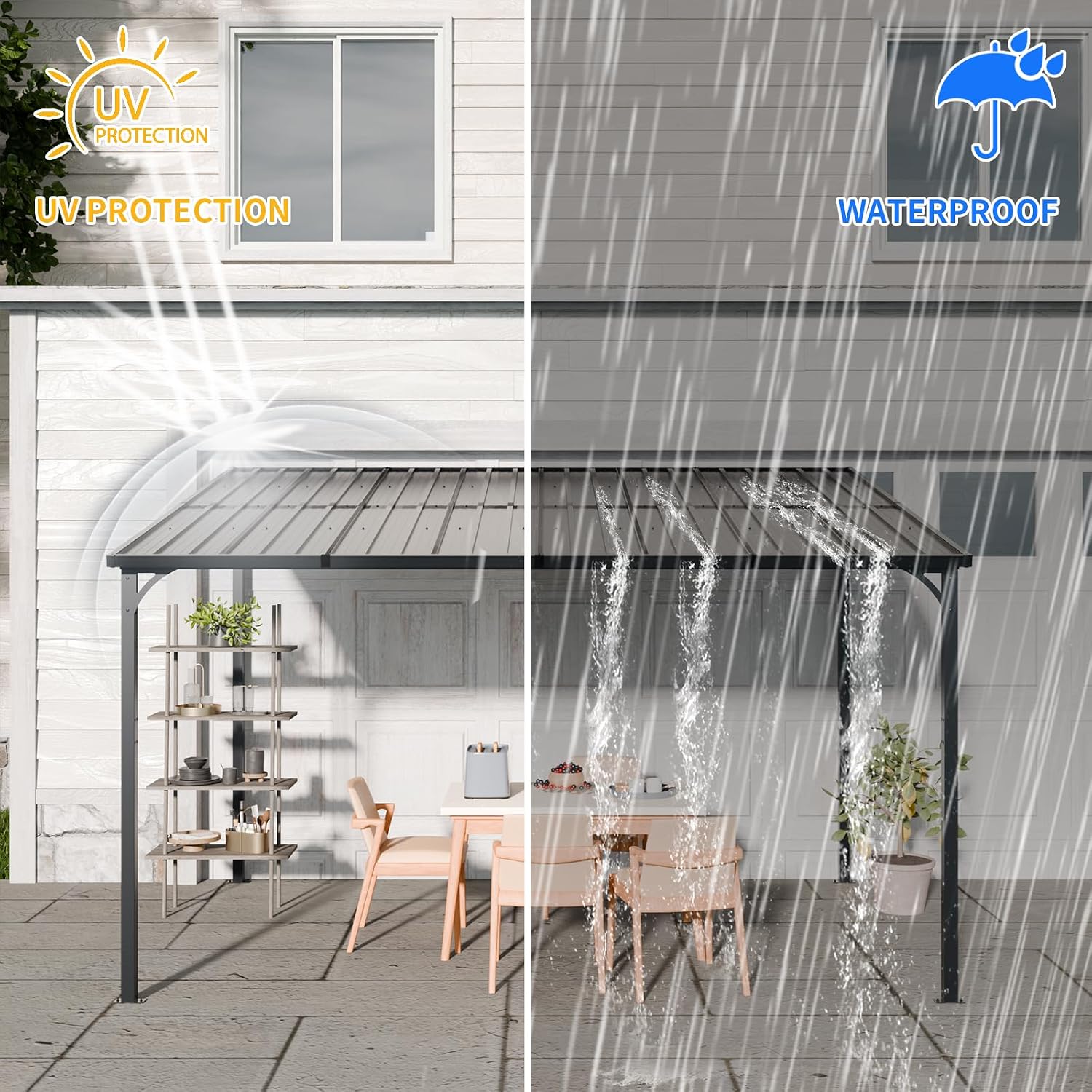 Patio Lean to Gazebo with Galvanized Steel Roof, 12x8 FT Outdoor Metal Wall-Mounted Pergola for Garden, Lawn, Poolside, Backyard Deck