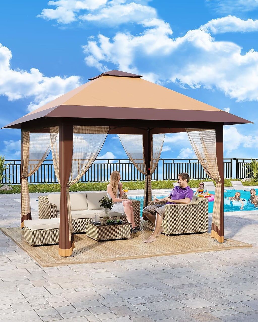13x13ft Popup Hexagonal Gazebo with Mosquito Net, Adjustable Outdoor Hexagonal Canopy with Portable Handbag for Garden/Backyard/Patio - Gray (Khaki)