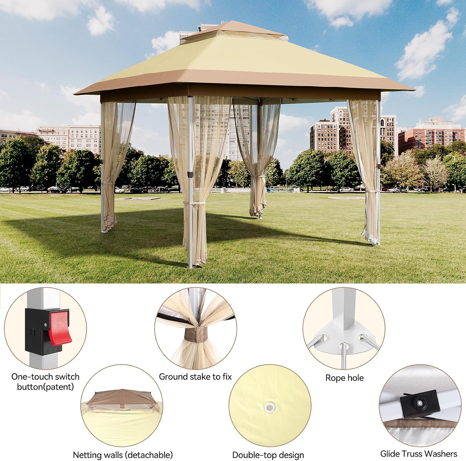 GarveeLife 11 ft x11 ft Gazebo Outdoor Pop up Canopy Tent with Curtains and 121 Square Shelter for Patio,Backyard Party, with Mosquito Netting, 2-Tiered Vented Top,Beige