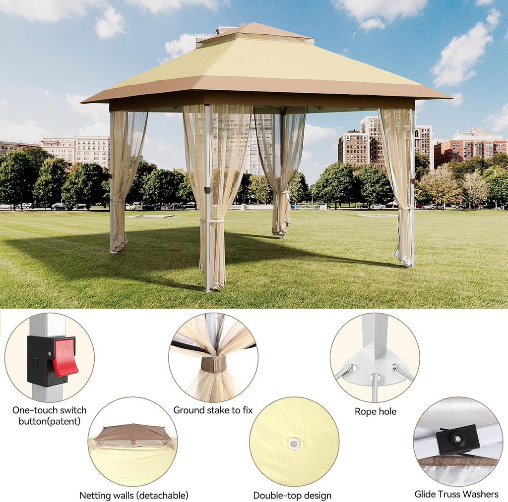 GarveeLife 12 ft x12 ft Gazebo Outdoor Pop up Canopy Tent with Curtains and 144 Square Shelter for Patio,Backyard Party, with Mosquito Netting, 2-Tiered Vented Top, Beige