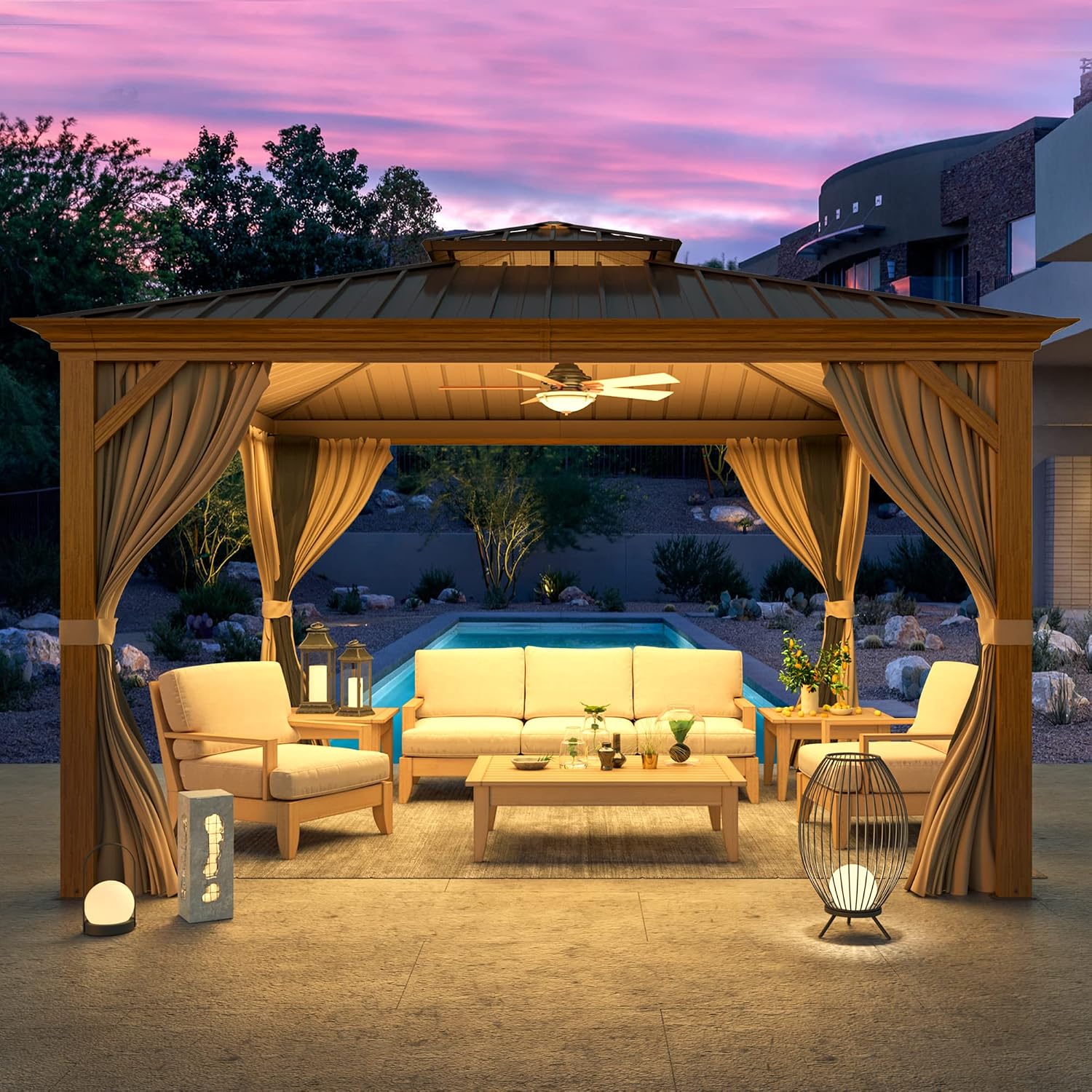YOLENY 12'x12' Hardtop Gazebo, Wooden Finish Coated Aluminum Frame Canopy with Galvanized Steel Roof, Outdoor Metal Gazebos with Curtains and Nettings for Patio, Backyard, Deck and Lawns