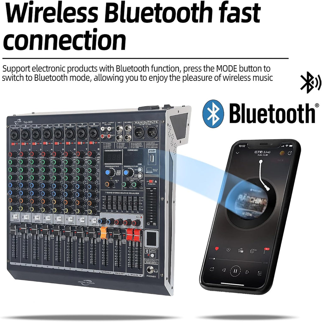 Audio Mixer 8 Channel, DJ Mixer Board with Bluetooth and Usb, Audio Sound Card with Interface Recording and 48V Phantom Power, Sounds Mixer with 256 DSP FX Reverb Delay Effect for Streaming
