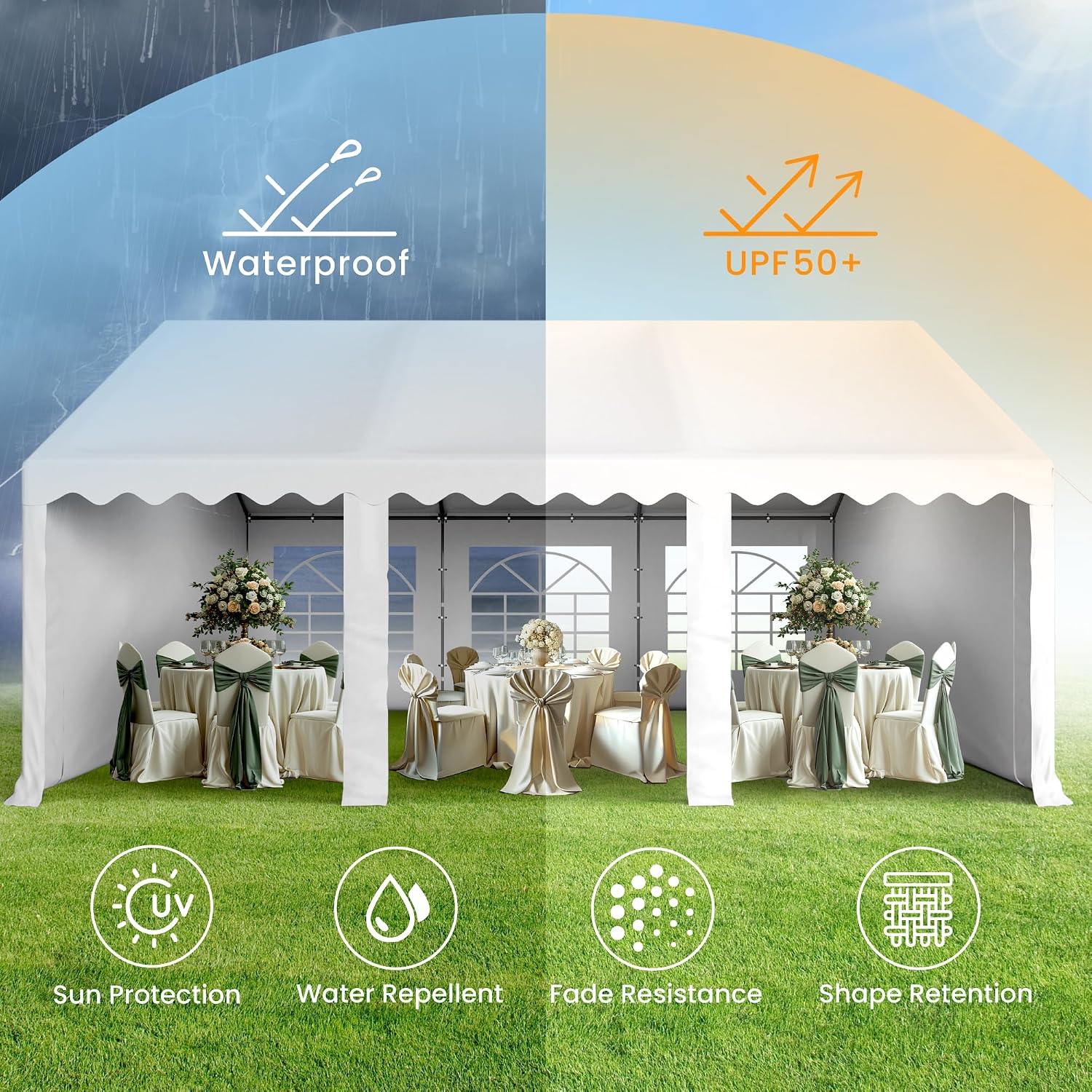 PHI VILLA 16x20 Outdoor Heavy Duty Party Tent, Large Party Canopy Wedding Event Tent with Removable Sidewalls & 3 Storage Bags for Patio Outdoor Garden Events, White