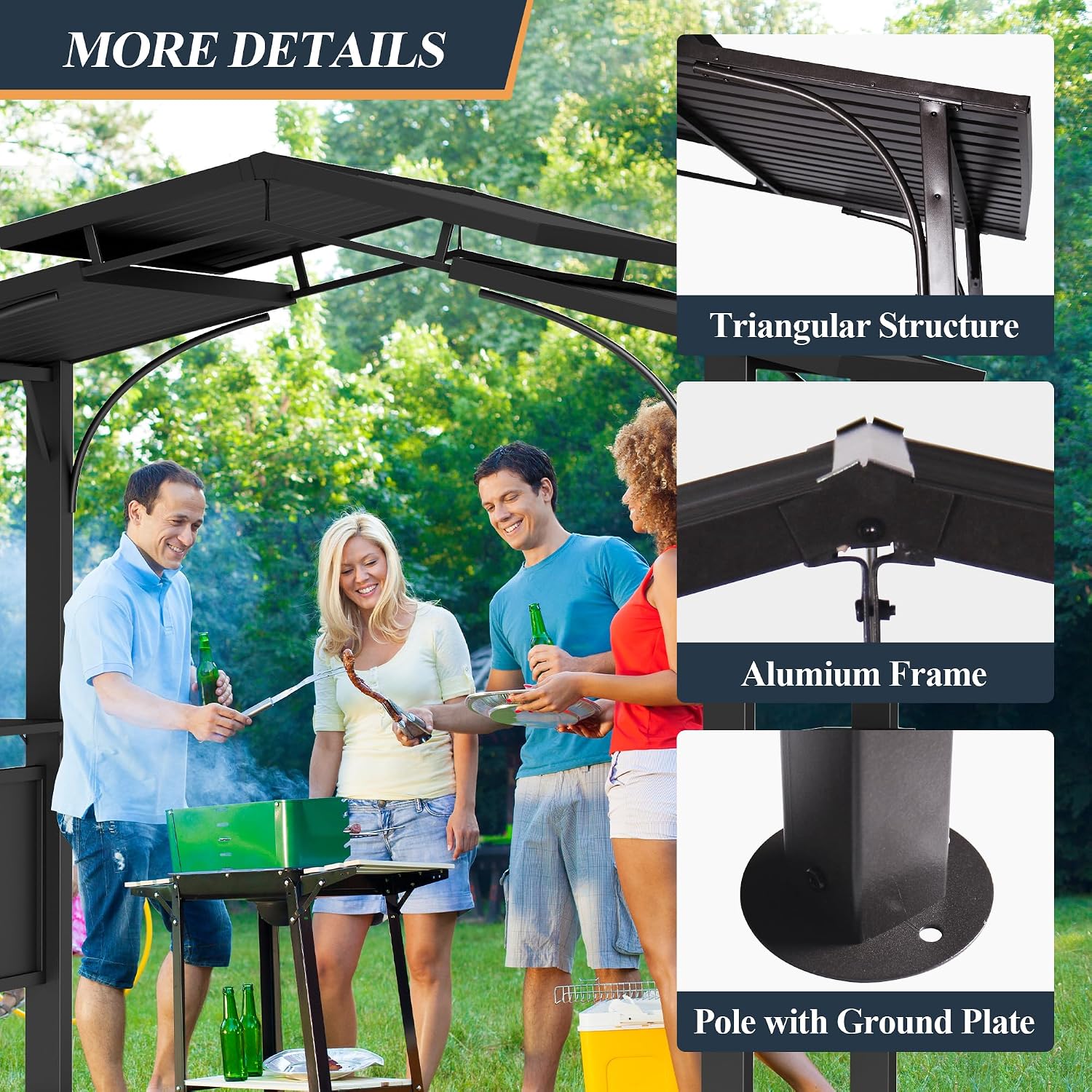 8x5Ft Hardtop Grill Gazebo,Double Tiered Roof BBQ Gazebo with 2 Side Shelves Metal Frame Grill Gazebos for Outdoor,Patio, Backyard, Garden