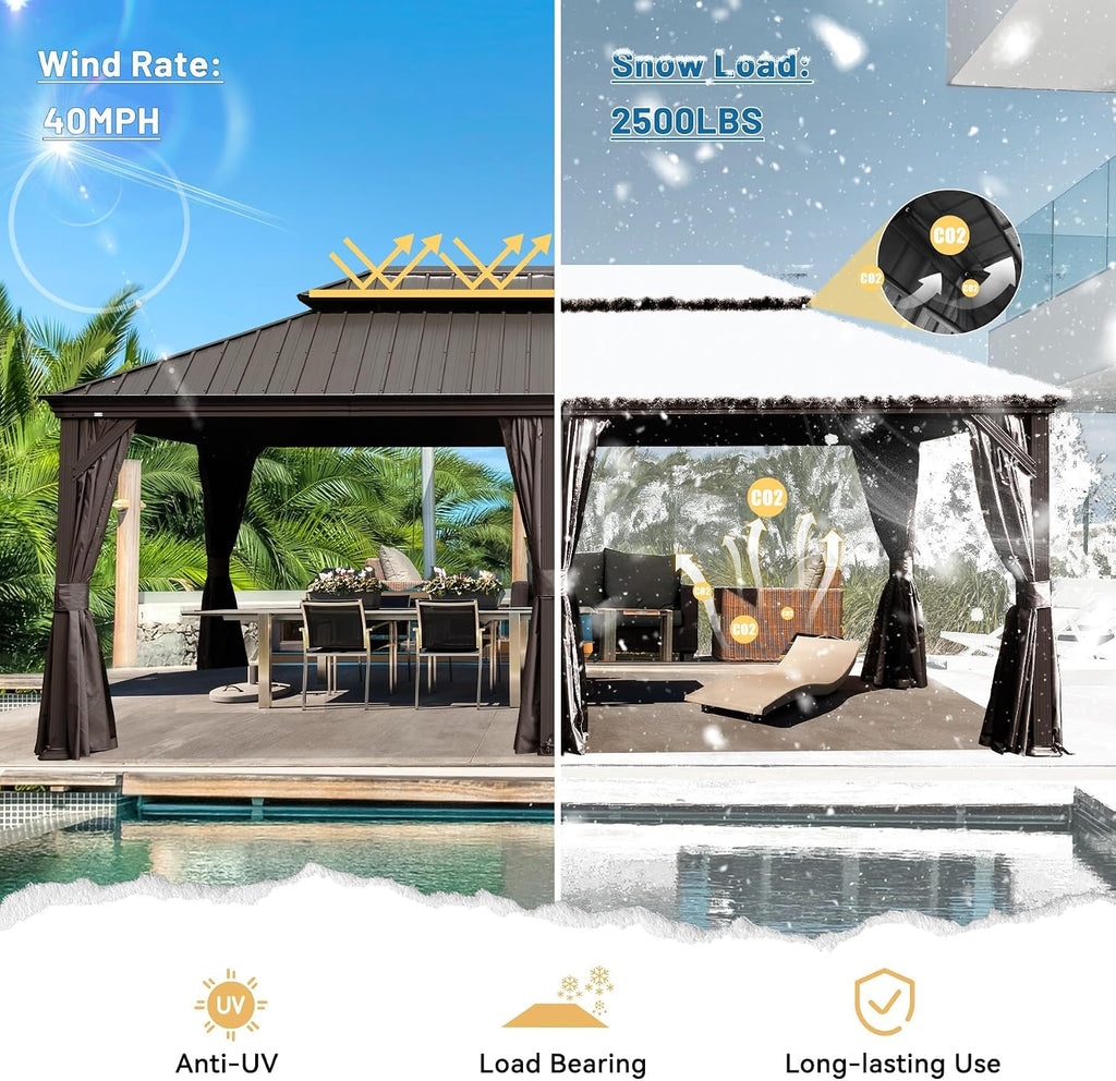 12' x 20' Outdoor Hardtop Gazebo with Gutters, Double Roof Galvanized Metal Gazebo for Backyard, Patio, Deck, Hot Tub, Heavy Duty Permanent Gazebos with Curtains and Netting -Brown